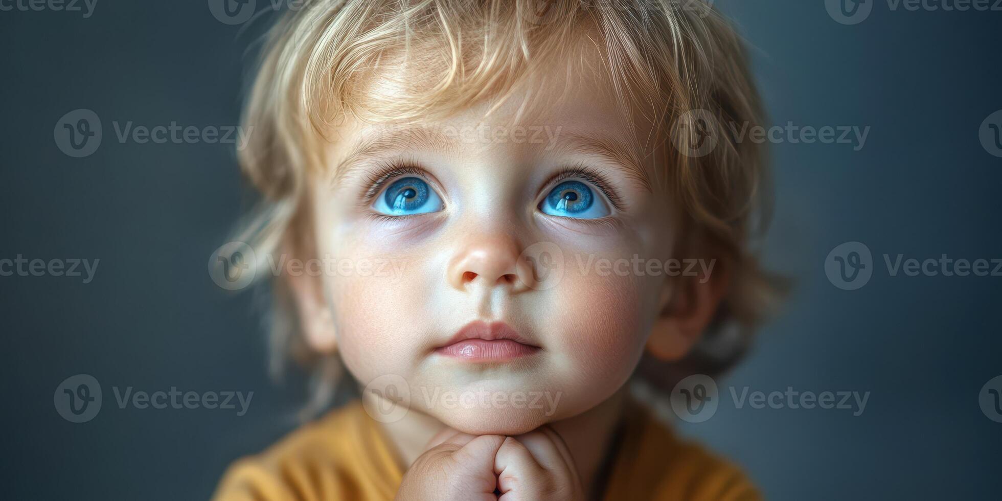 Curious child gazing upward with wonder while resting chin on hands indoors photo