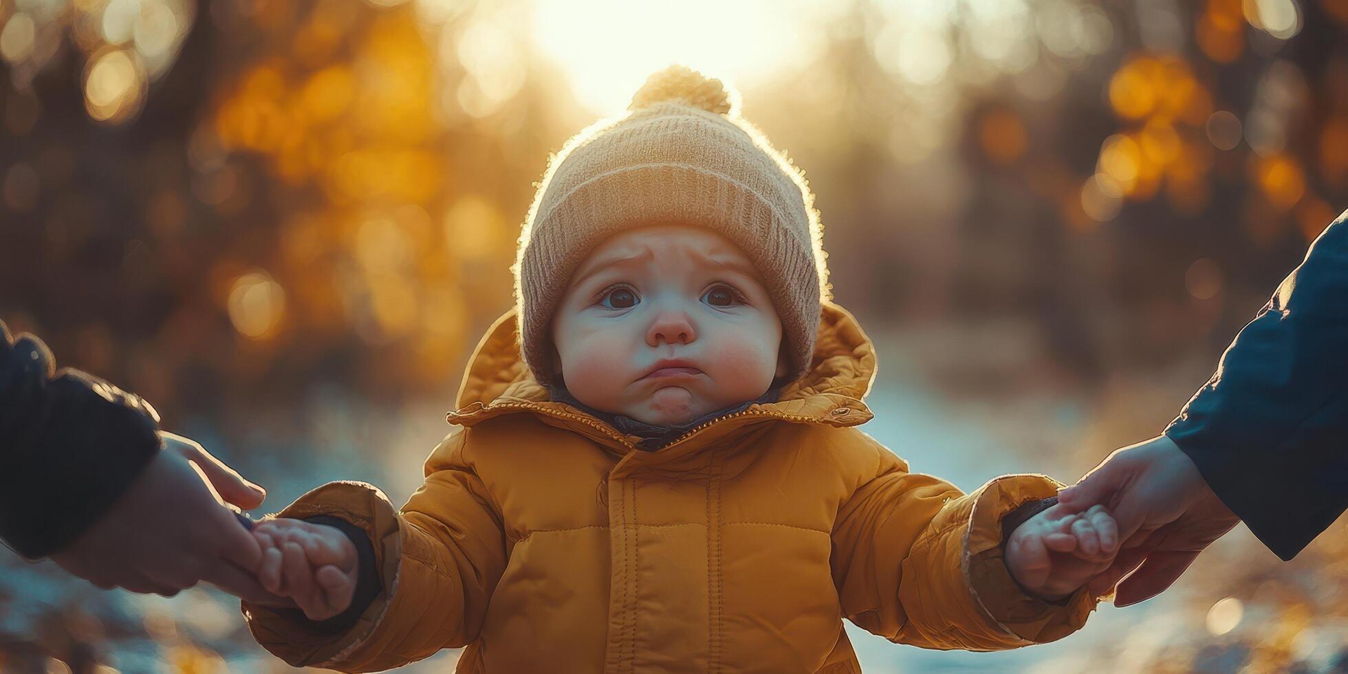 Child in cozy yellow jacket holds hands of parents during golden hour in a serene outdoor setting photo
