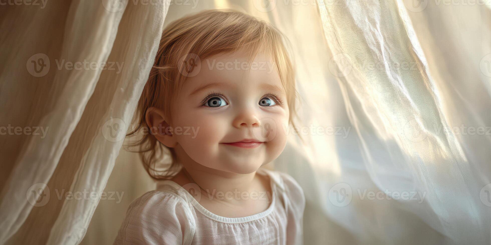 Smiling baby peeking out from behind sheer curtains in a softly lit room photo