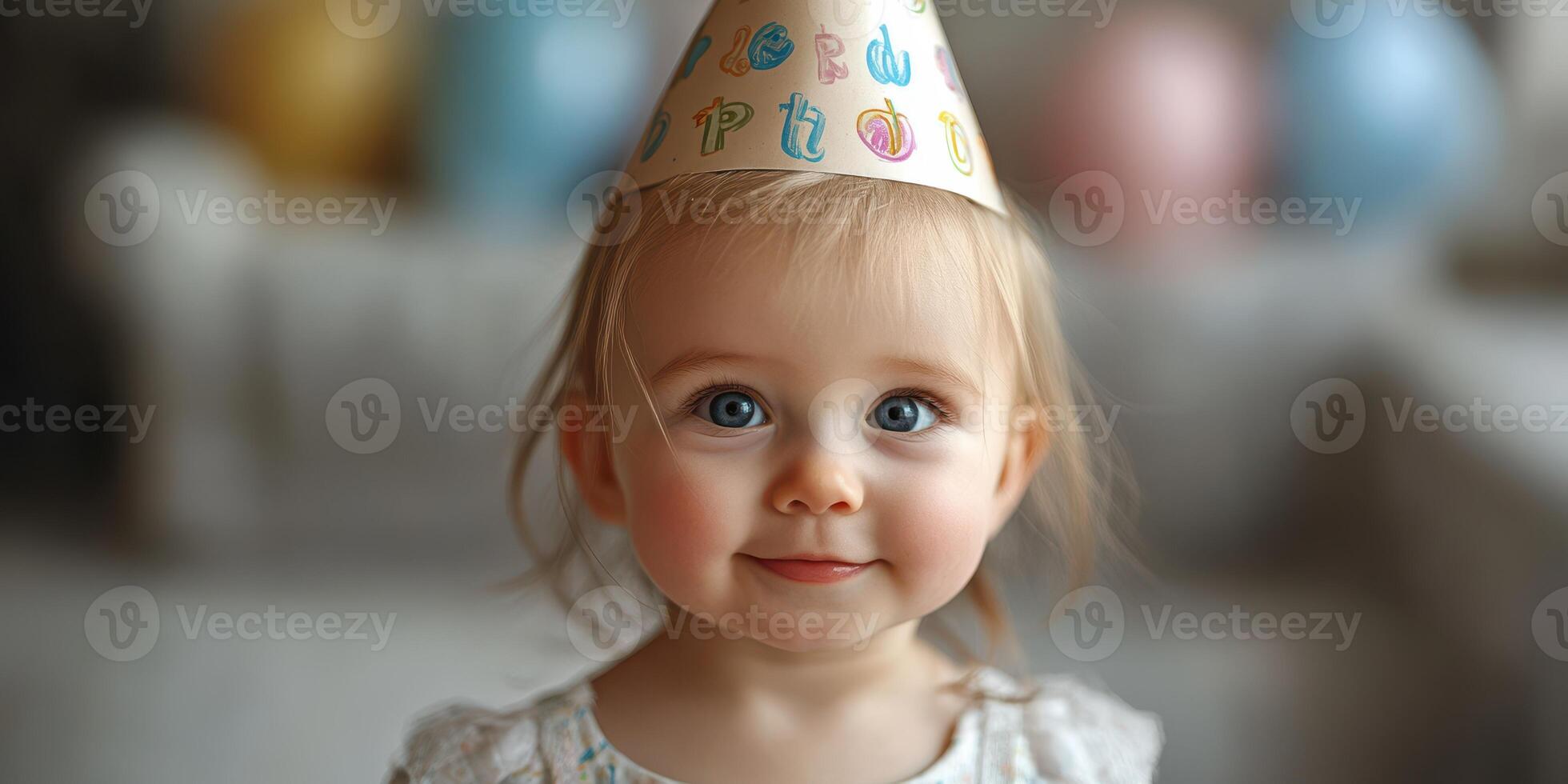 Cute toddler wearing a colorful birthday hat smiles joyfully in a festive setting with balloons in the background photo