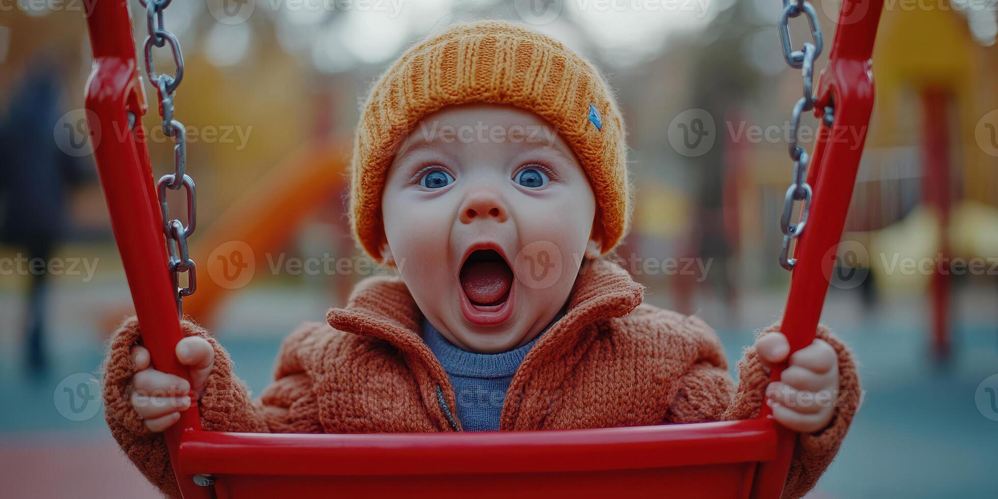 Baby enjoys swinging at the playground in autumn with bright colors and a joyful expression photo