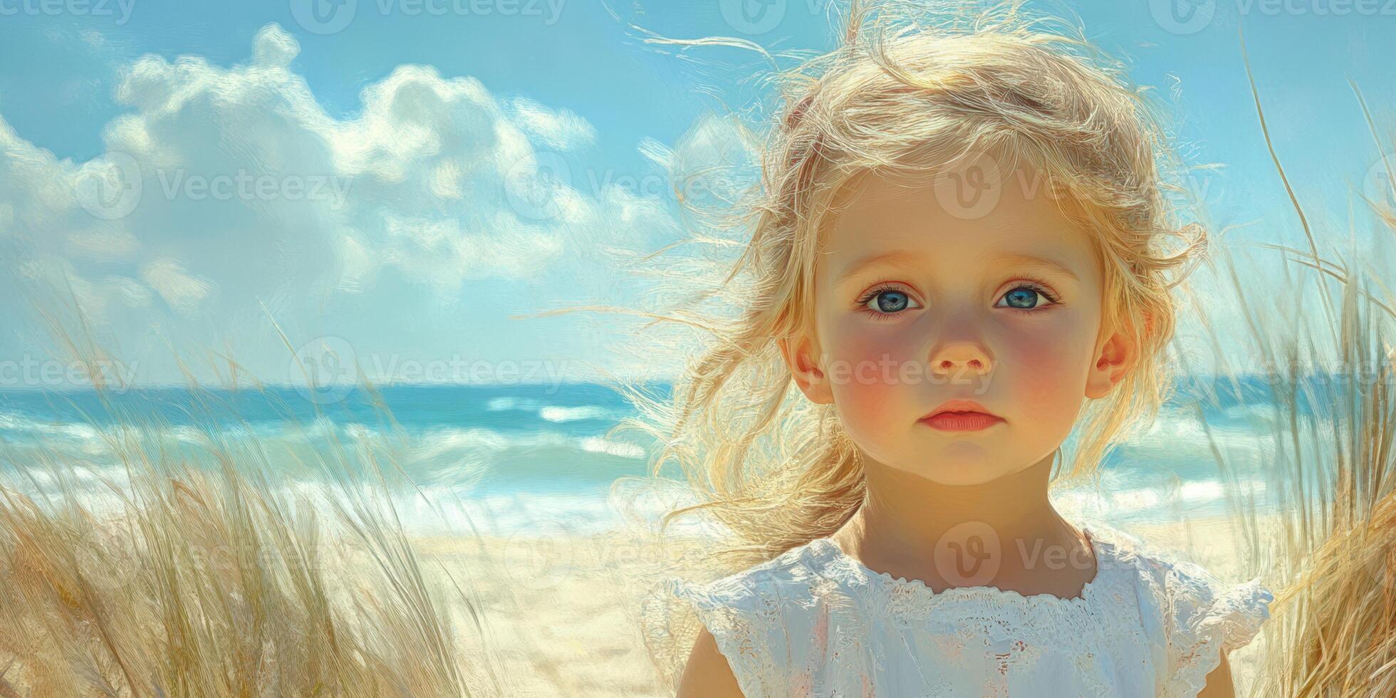 Beautiful child with blue eyes playing by the beach on a sunny day with soft waves in the background photo