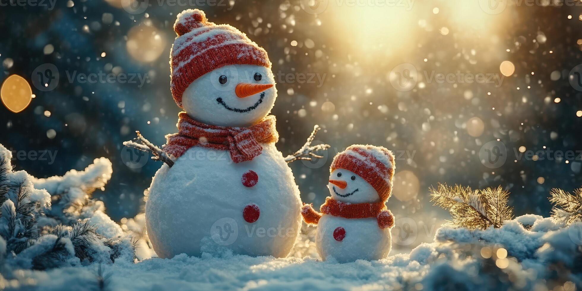 Snowman and child enjoy a snowy winter day with falling snowflakes and warm sunlight in a serene outdoor setting photo