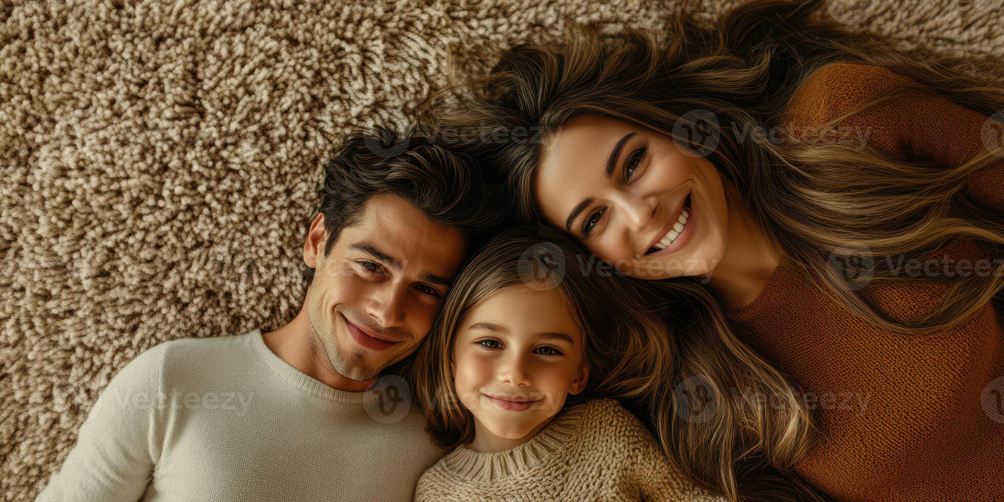 Family enjoys a cozy moment together on a soft rug during an indoor gathering in autumn photo