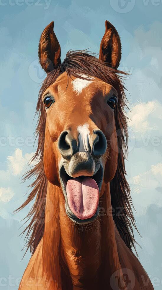 Majestic chestnut horse playfully sticking out its tongue against a bright blue sky photo