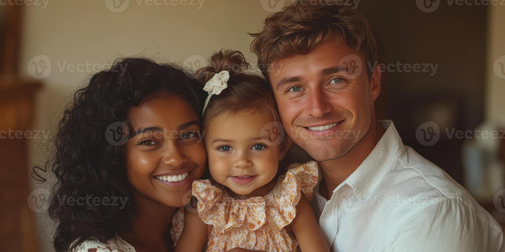 Family portrait featuring joyful parents and their smiling child in a cozy indoor setting photo