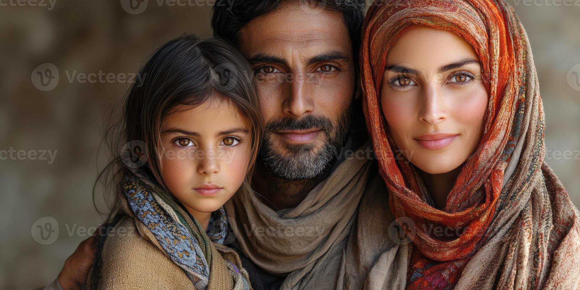 Family portrait featuring a father, mother, and daughter in traditional attire with serene expressions in a neutral background photo