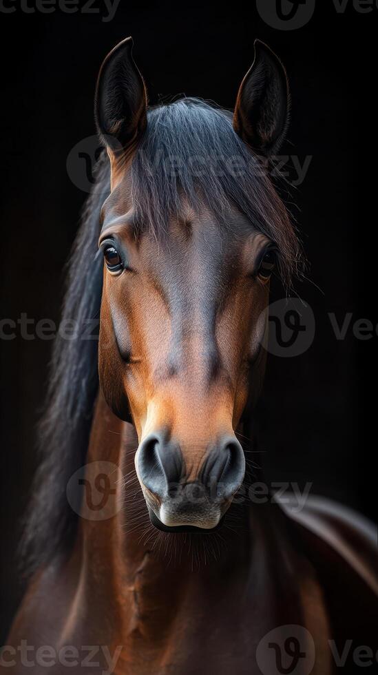 Close-up of a majestic brown horse with flowing mane against a dark background highlighting its strong features and expressive eyes photo