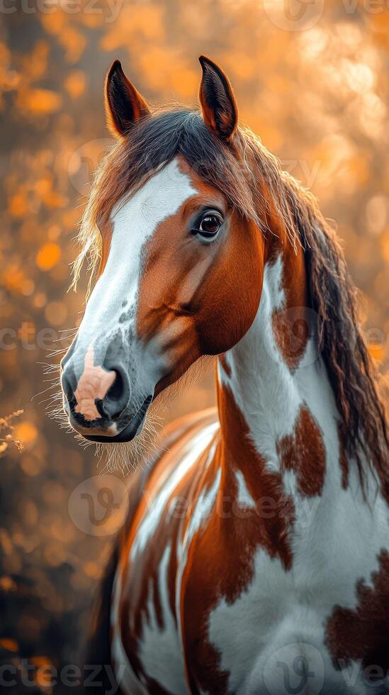 Majestic horse with a striking coat stands gracefully amidst an autumn forest setting at sunset photo