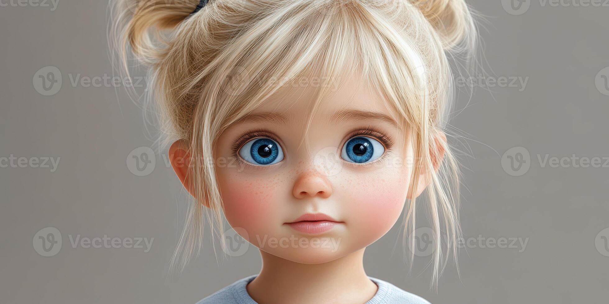 Realistic digital artwork of a young girl with blue eyes and blonde hair, showcasing expressive features in a soft tone photo