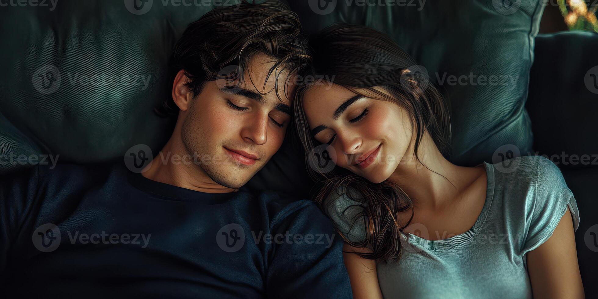 Young couple sharing a peaceful moment while resting on a couch in a cozy living room photo