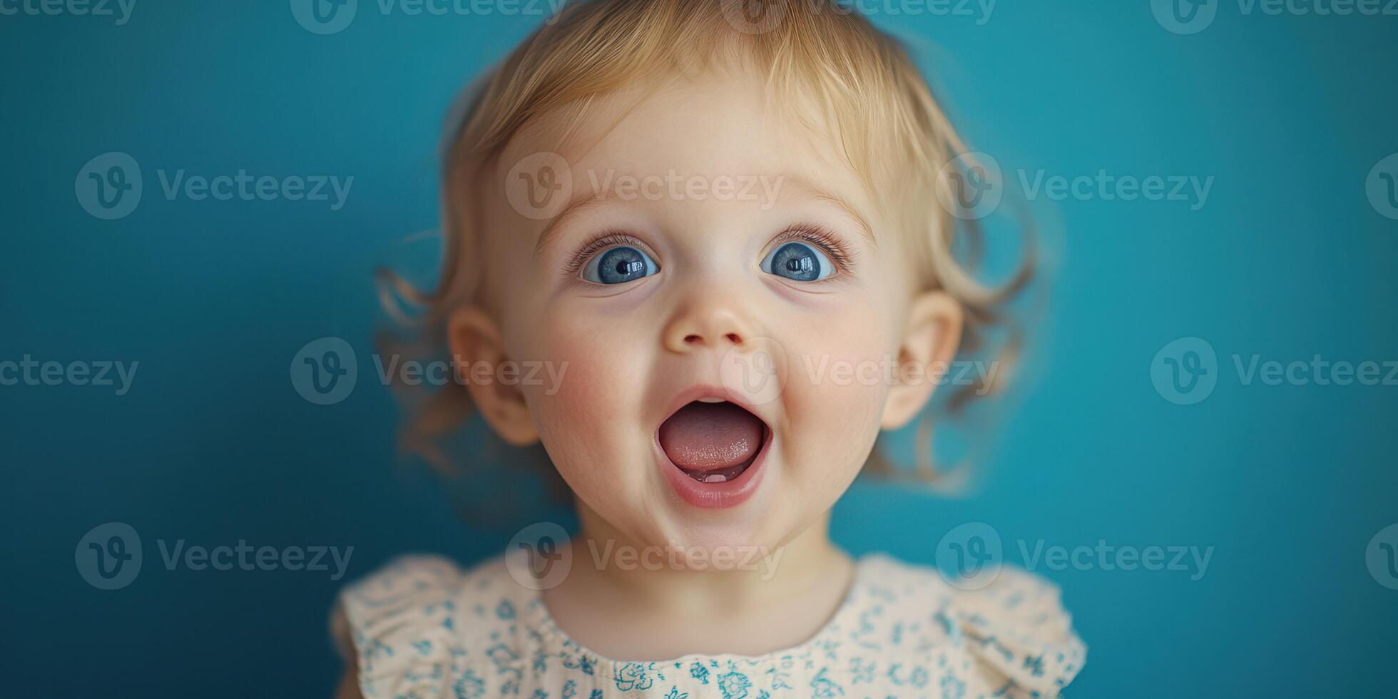 Bright-eyed toddler expresses joy with a wide smile against a vibrant blue background photo