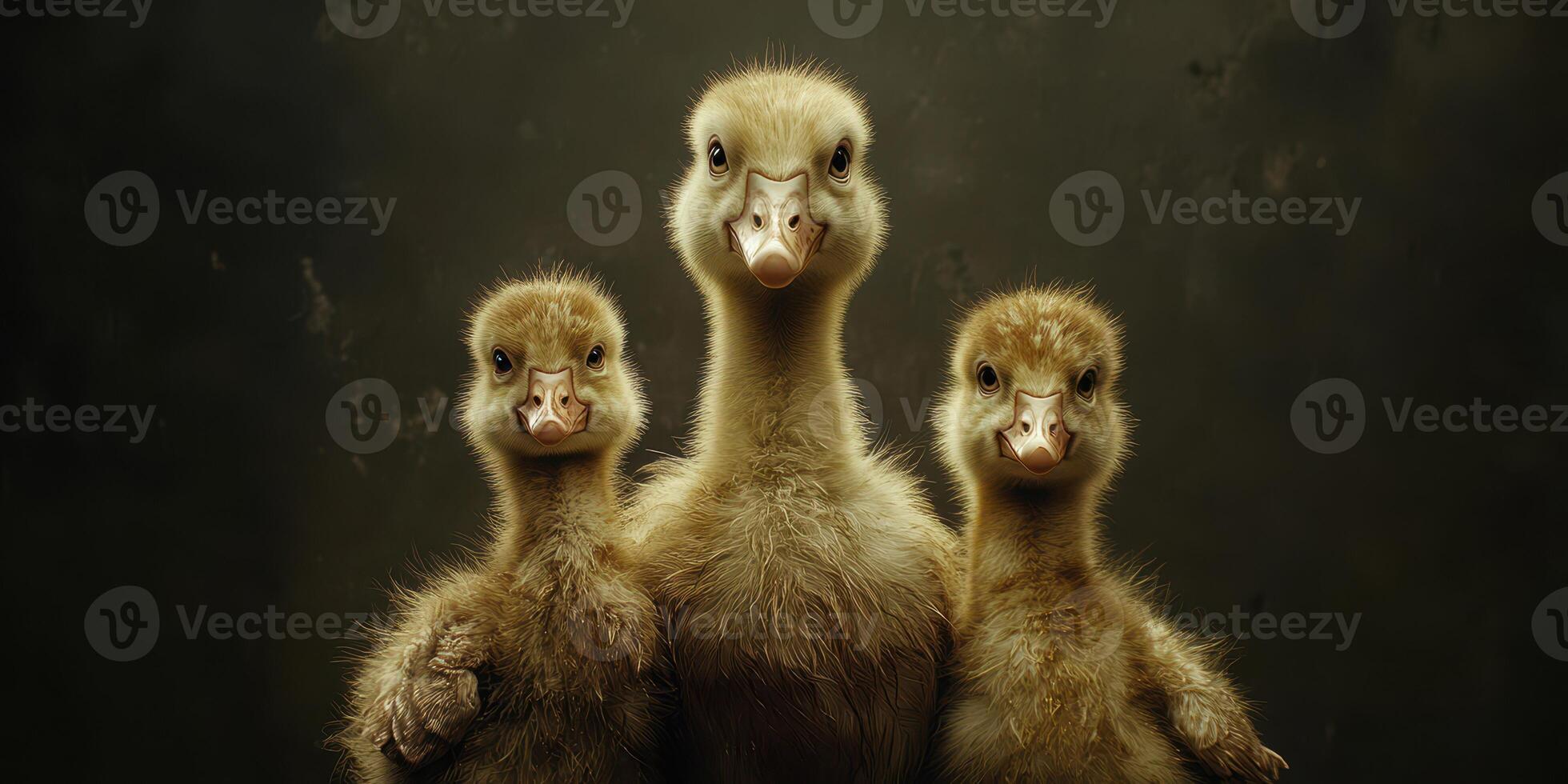 Family of goslings posing together with soft feathers in a dimly lit space, capturing a moment of unity and innocence photo