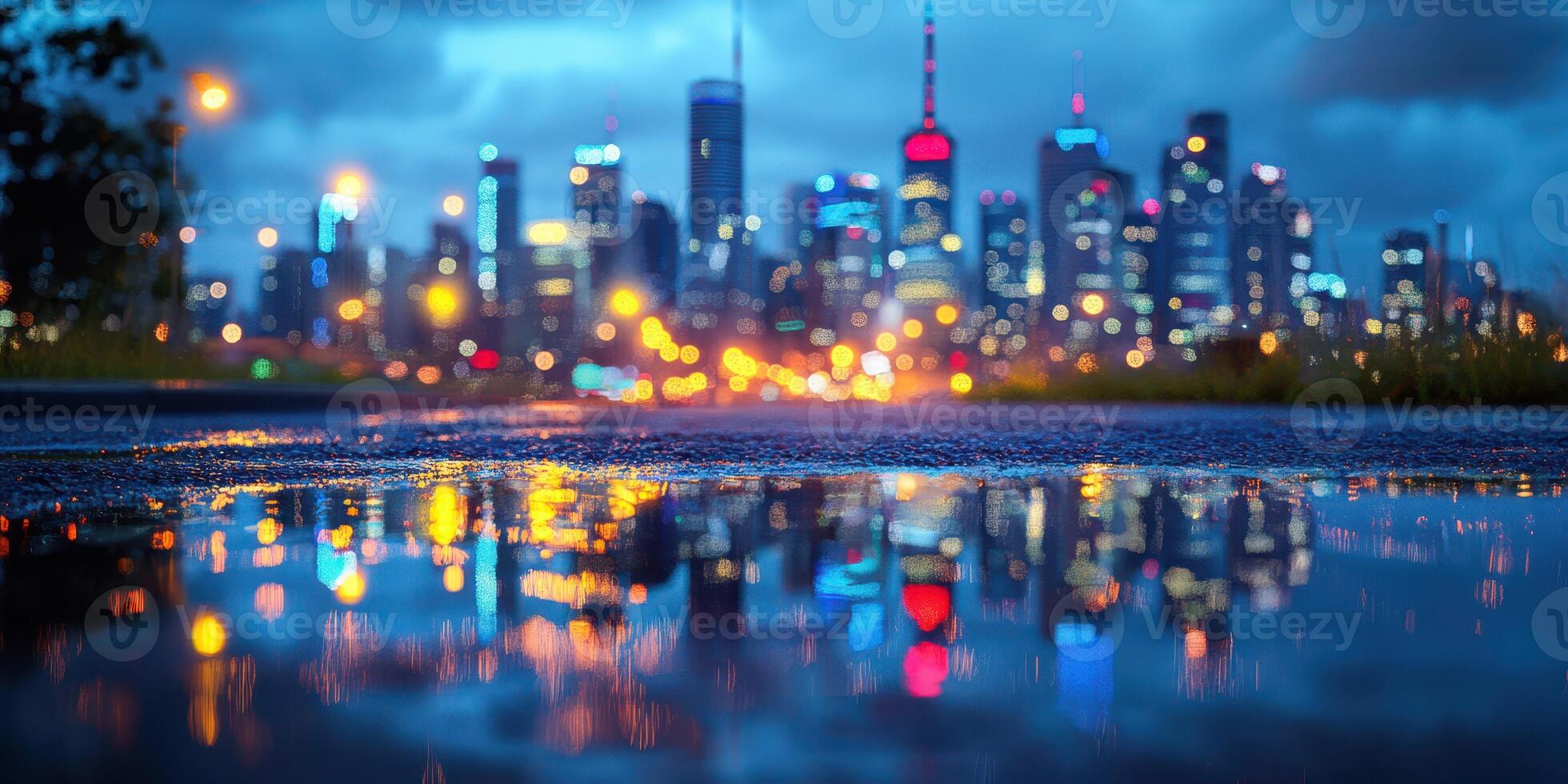 Night cityscape featuring shiny reflections on wet pavement during twilight in an urban environment photo