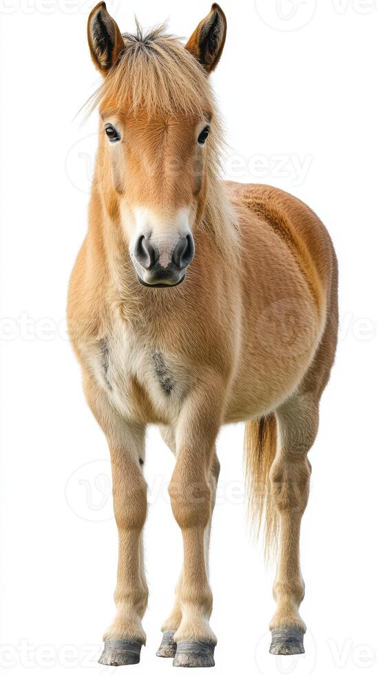 Beautiful horse standing calmly in an open space with a natural background during daylight photo