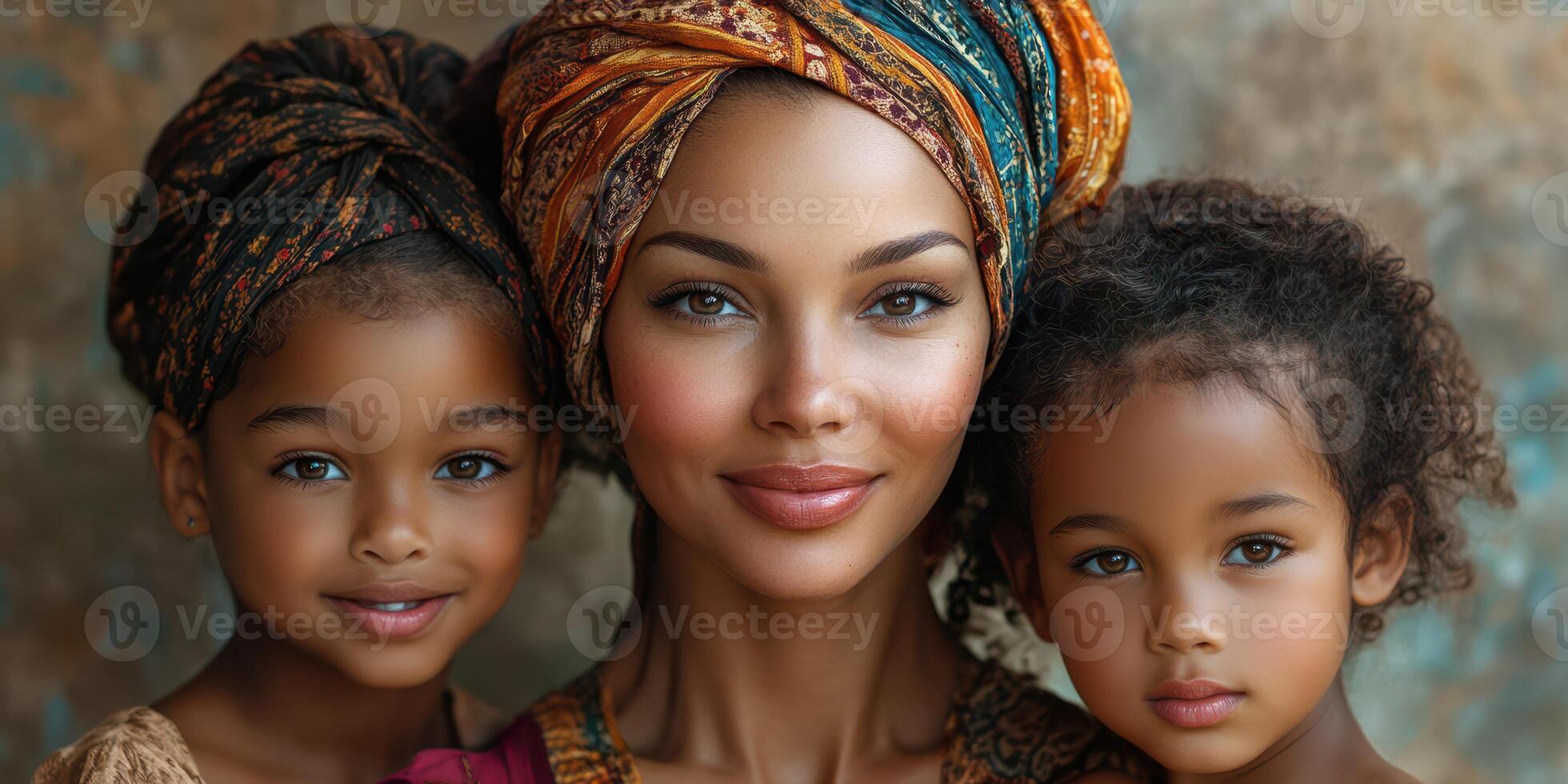 Mother and two daughters posing together in vibrant headscarves against a textured background in a warm, sunny environment photo