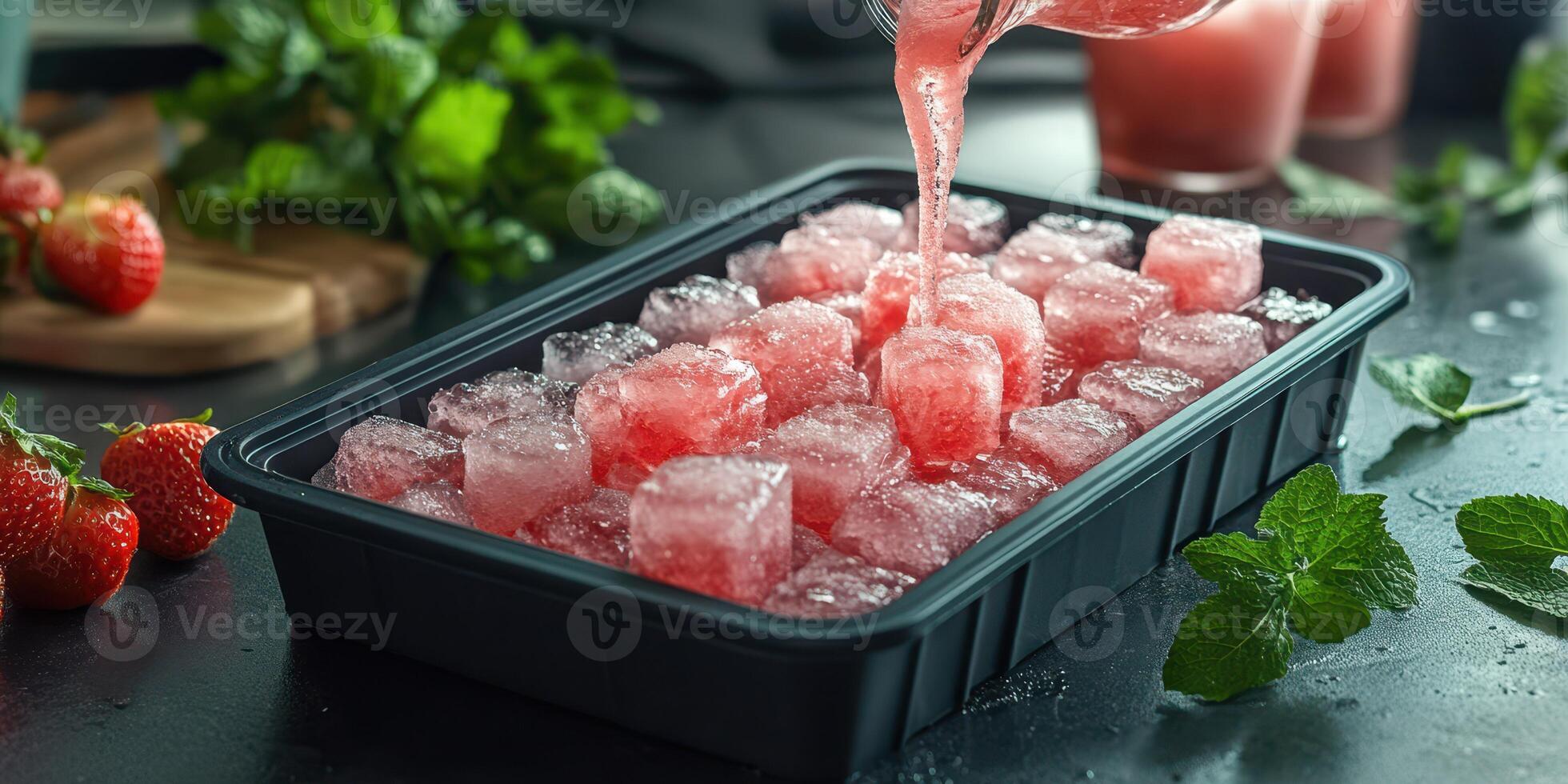 Pouring refreshing fruit drink over ice cubes with strawberries and mint in the kitchen setting on a sunny day photo