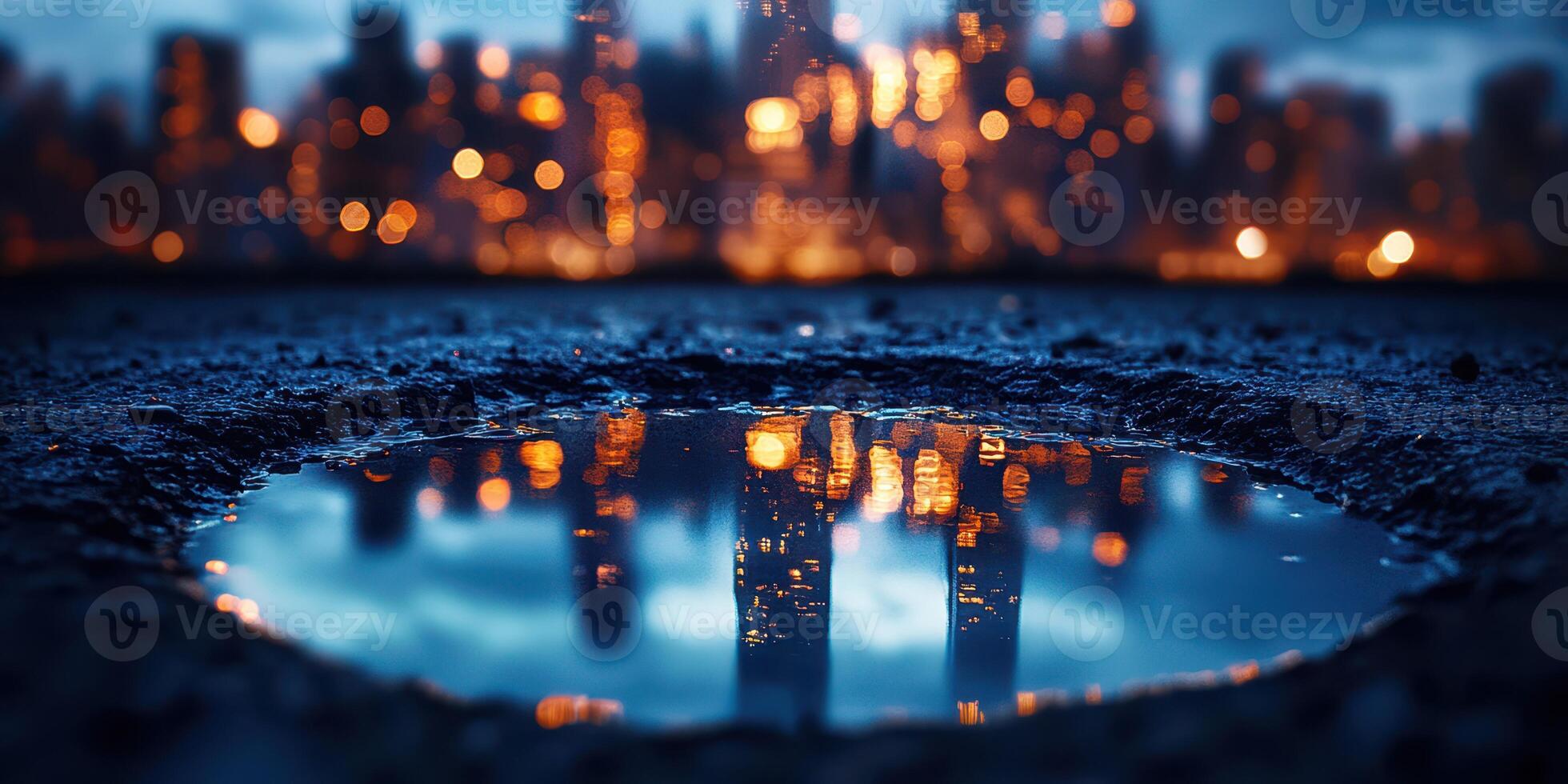 Reflections of a vibrant city skyline in a puddle during twilight hours photo