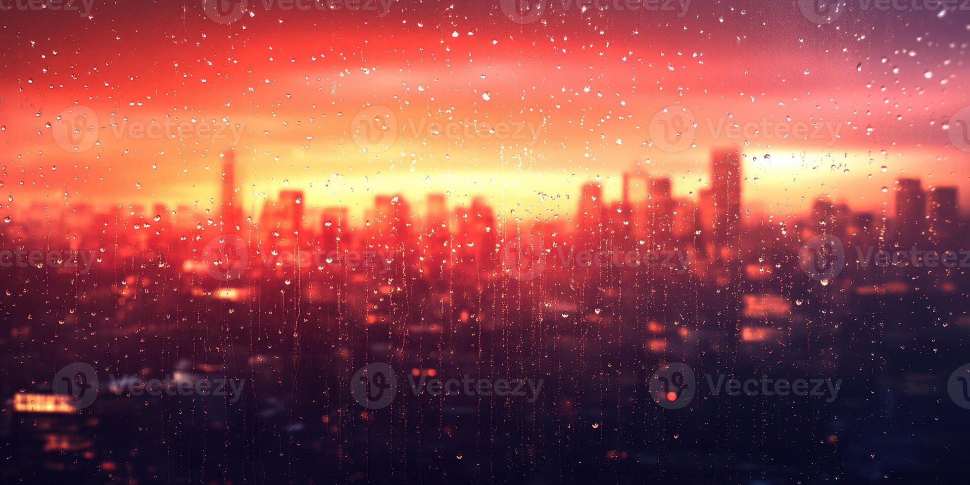 City skyline at sunset with raindrops creating a blurred effect on the window during a vibrant evening photo