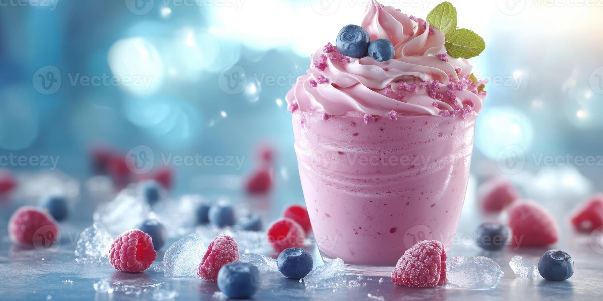 Delicious berry-flavored dessert topped with fresh fruits and mint leaf in a chilled environment photo