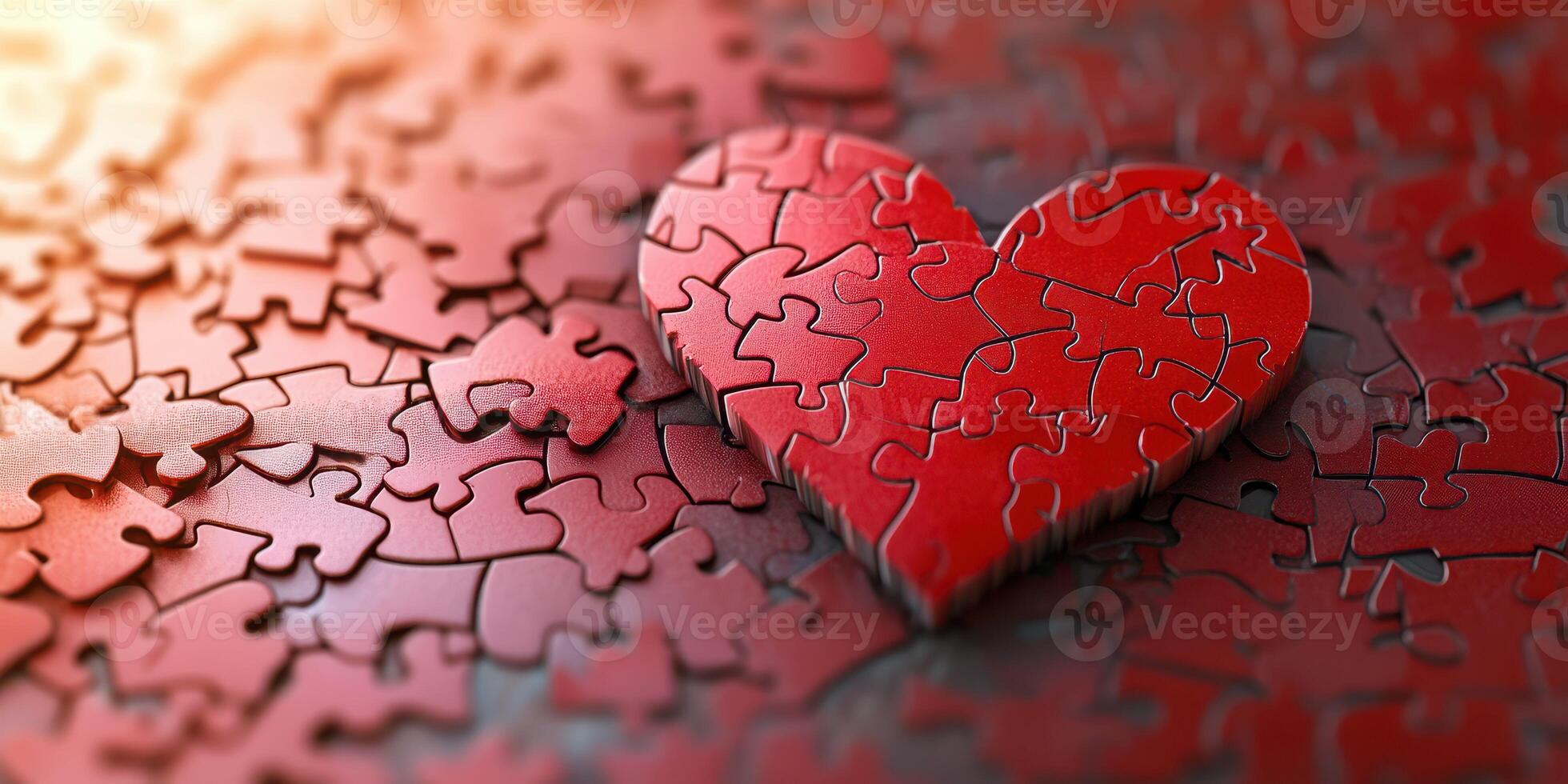 Heart-shaped puzzle piece stands out among scattered red jigsaw pieces in a creative and artistic arrangement photo