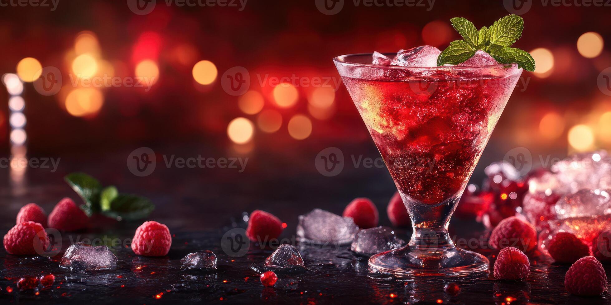 Refreshing raspberry cocktail served in a glass with ice and mint leaves against a vibrant background photo