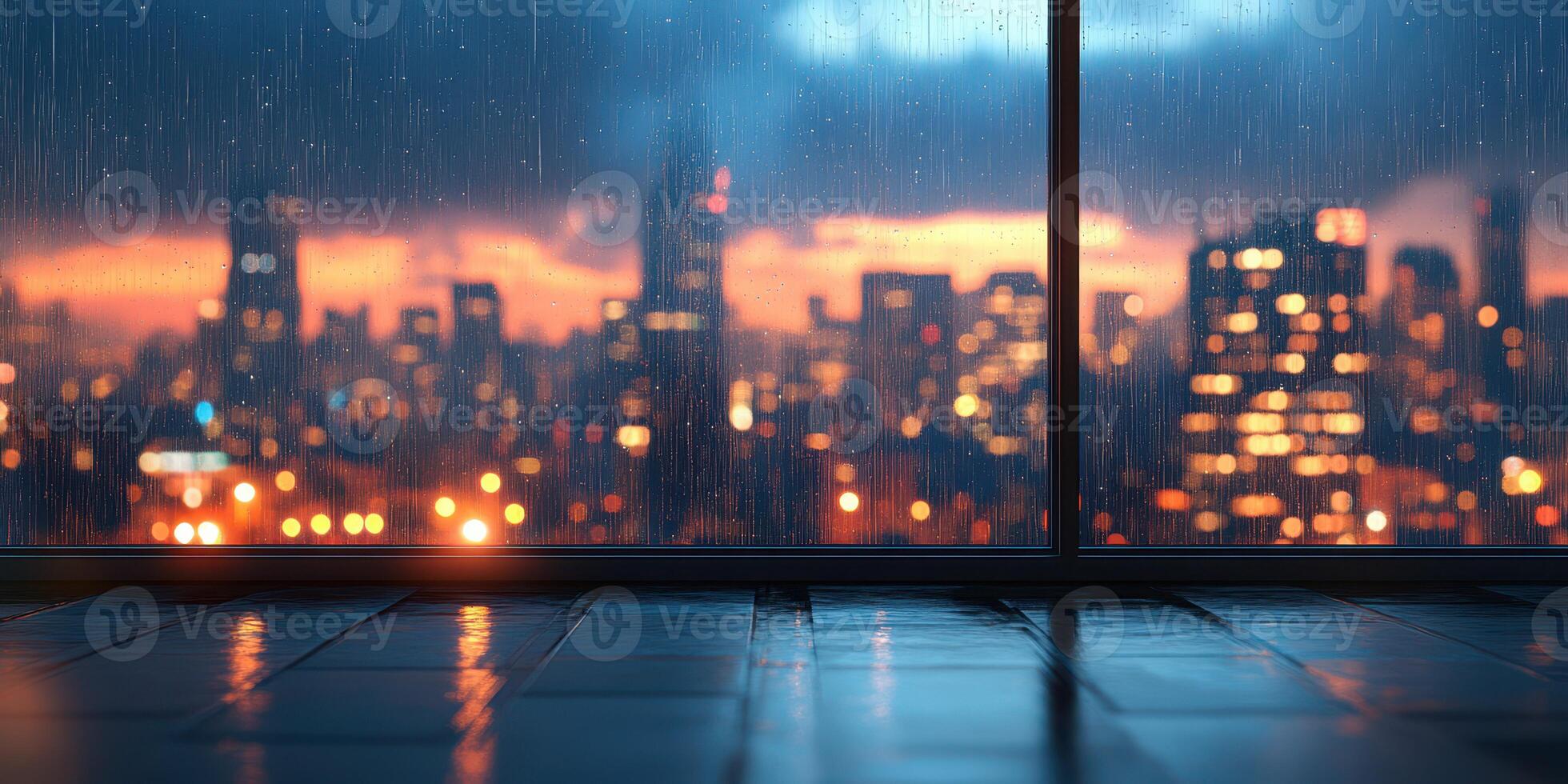 Urban skyline illuminated by city lights during a rainstorm at dusk with reflections on the wet floor photo
