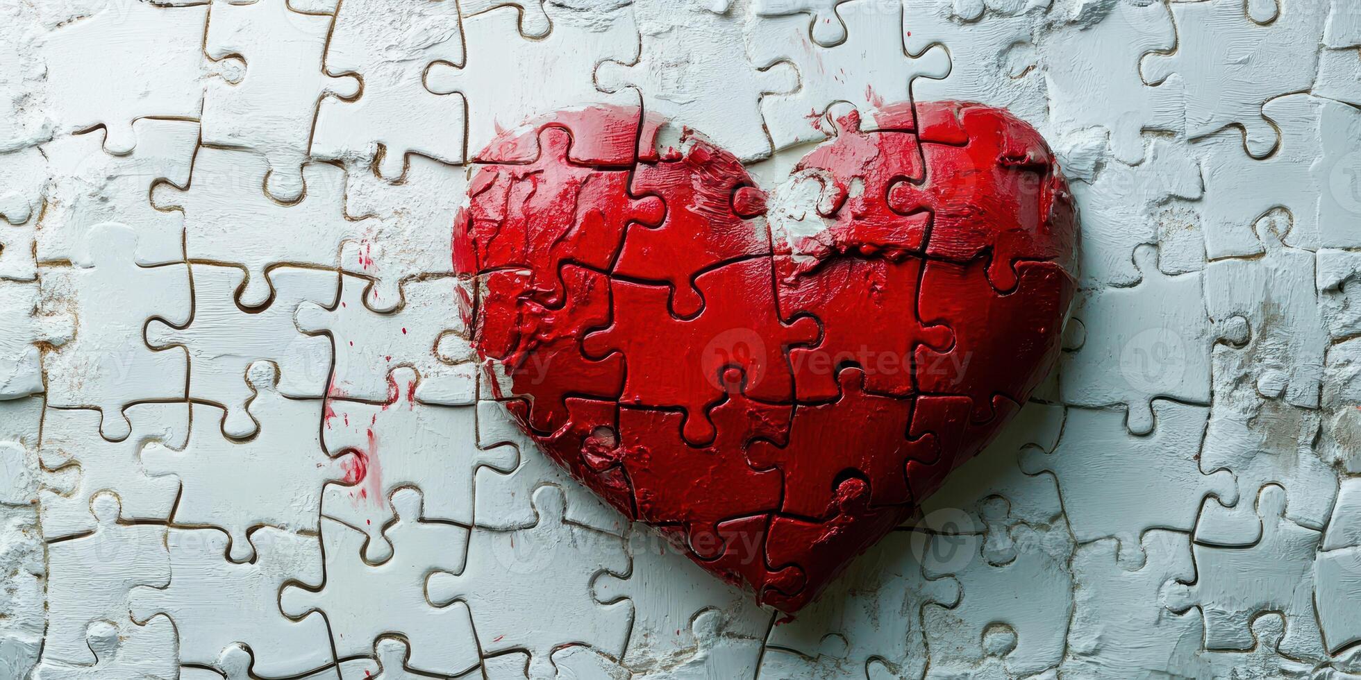 Red heart puzzle piece on textured white background represents love and connection in art form photo