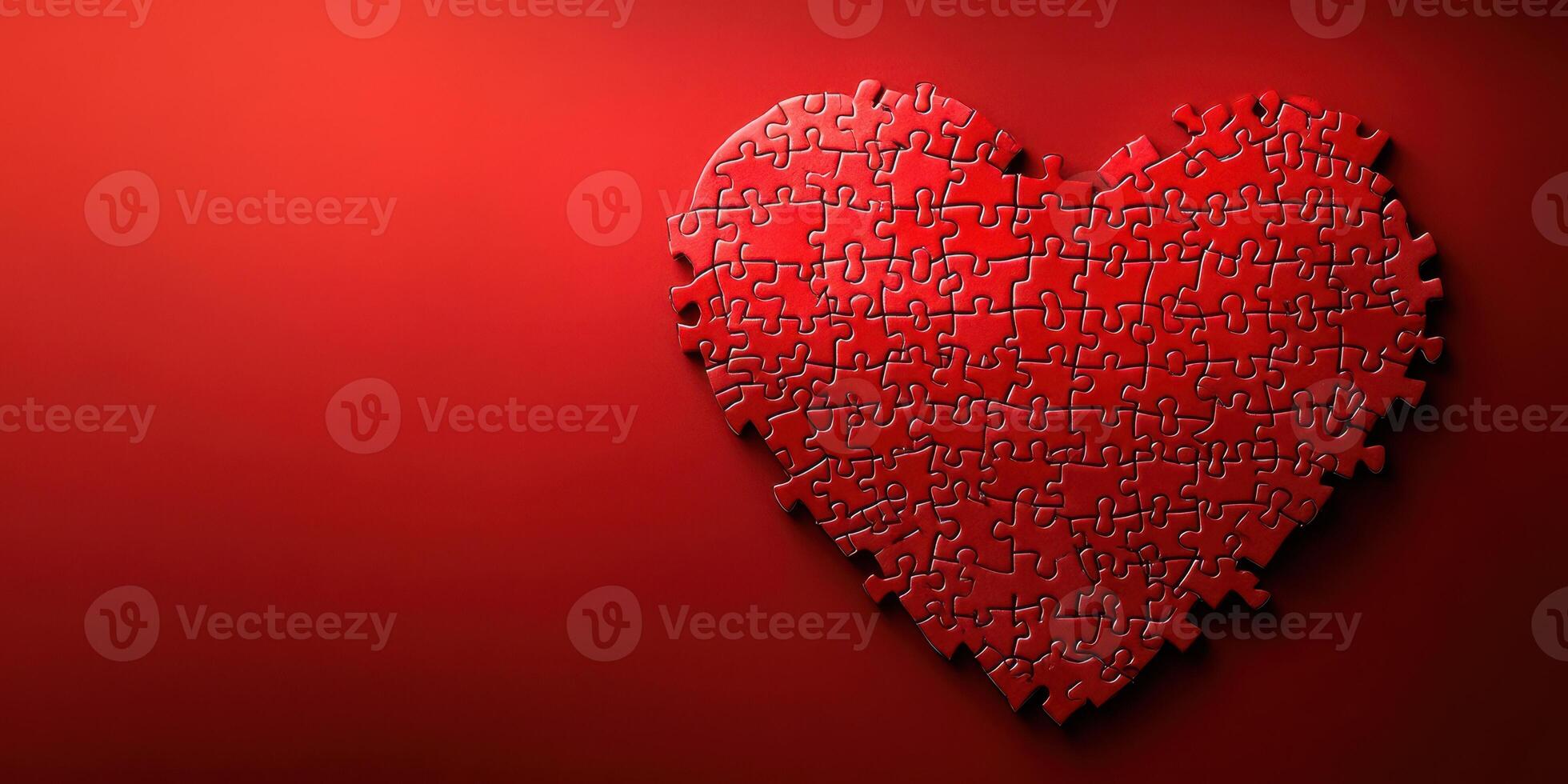 Heart-shaped puzzle pieces on a vibrant red background create a striking visual of love and connection photo