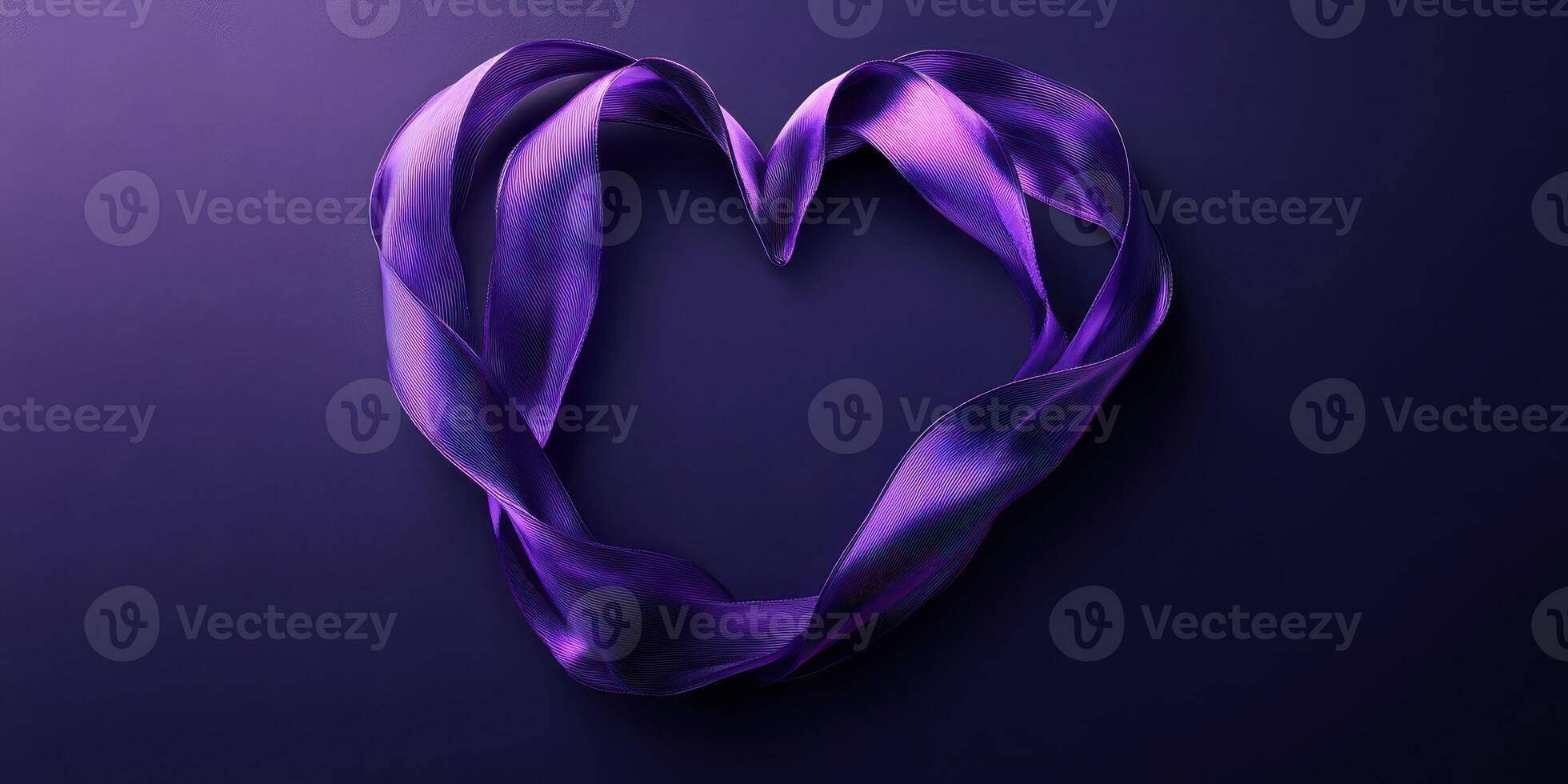 Purple ribbon arranged in a heart shape on a dark background creates a romantic and creative display for various occasions photo