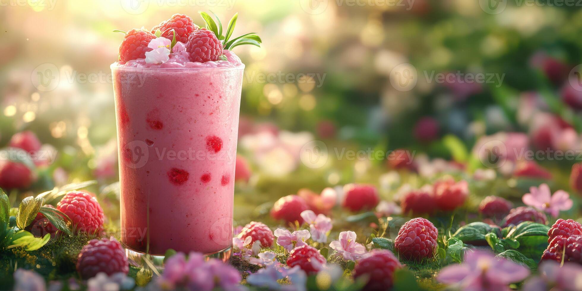 Refreshing raspberry smoothie surrounded by flowers and greenery in a sunlit setting during springtime photo