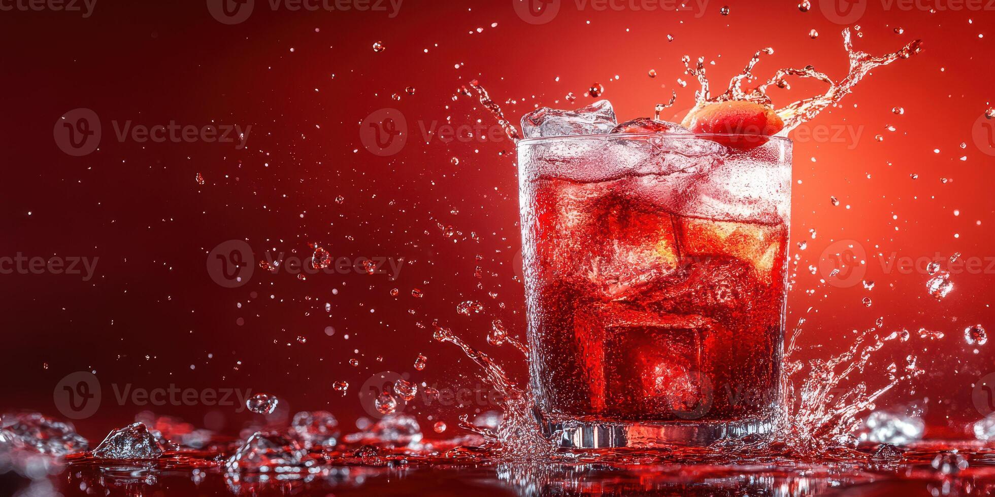 Refreshing red beverage splashes in a glass with ice and droplets against a vibrant red background photo
