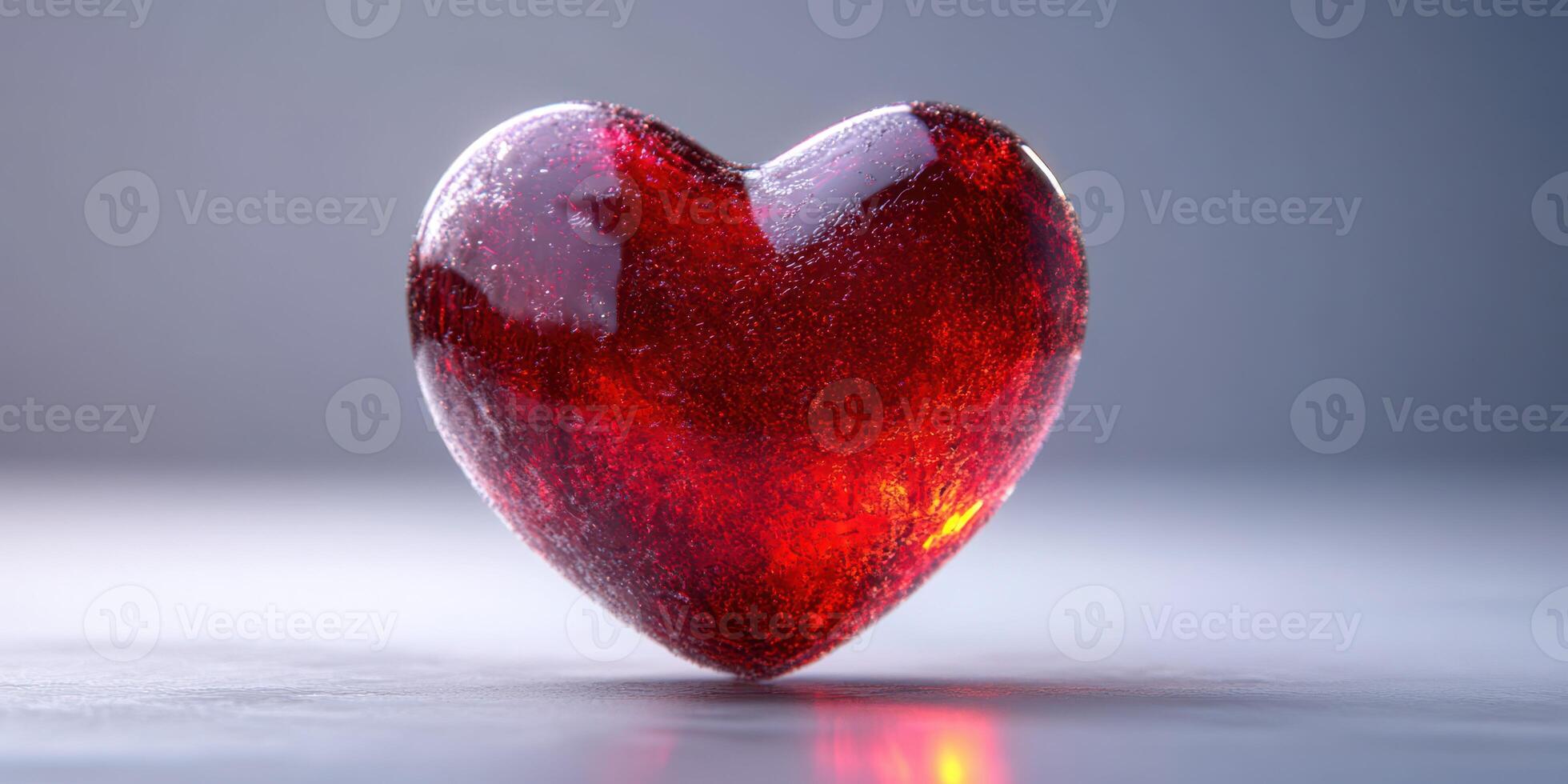 Shiny red heart shaped crystal on a smooth surface with soft lighting photo