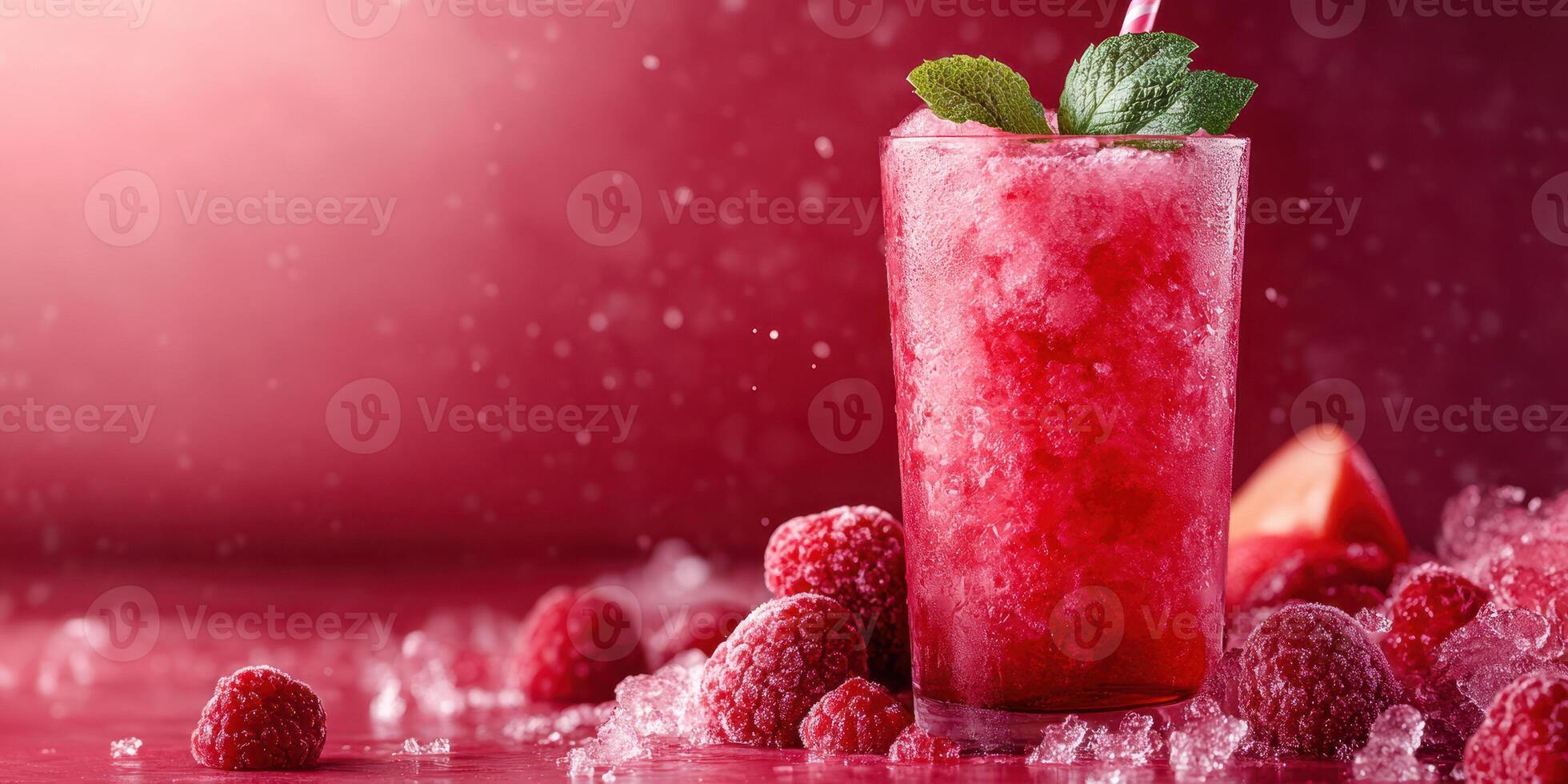 Refreshing raspberry drink garnished with mint and surrounded by ice during a vibrant summer celebration photo