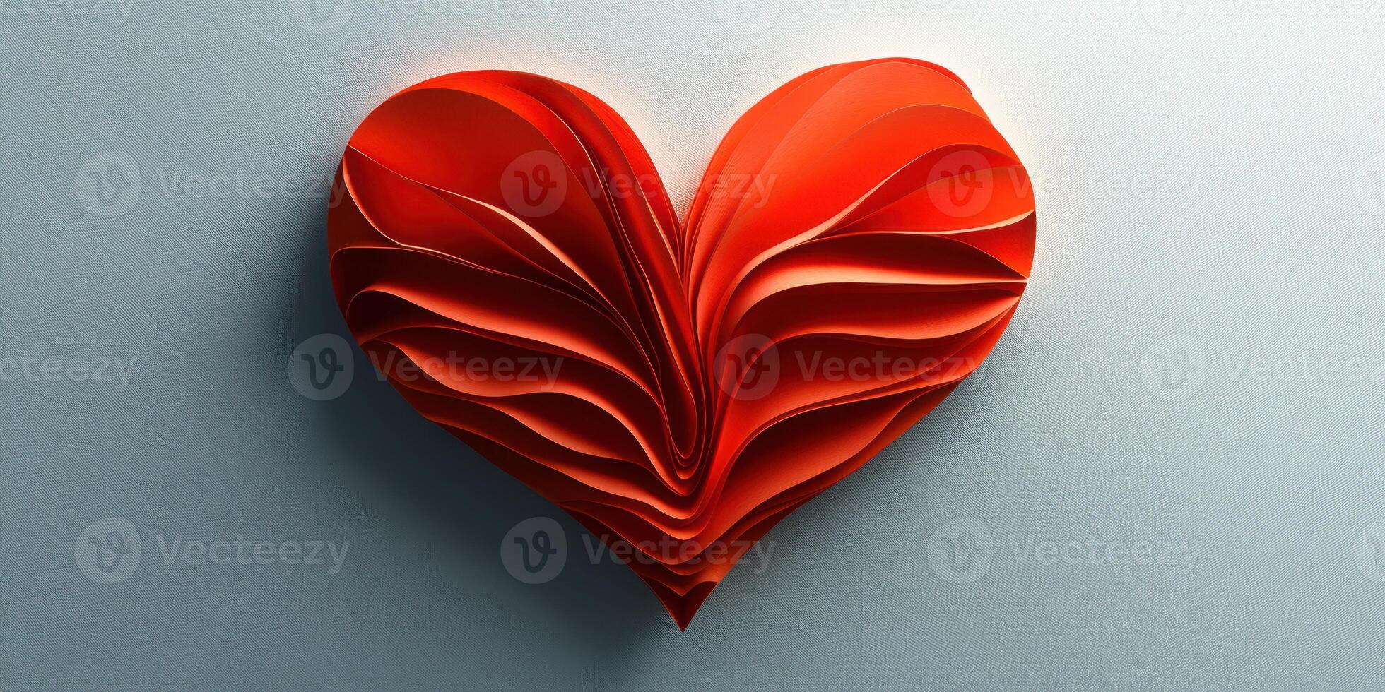Red paper heart sculpture created with intricate layers displayed against a soft blue background photo