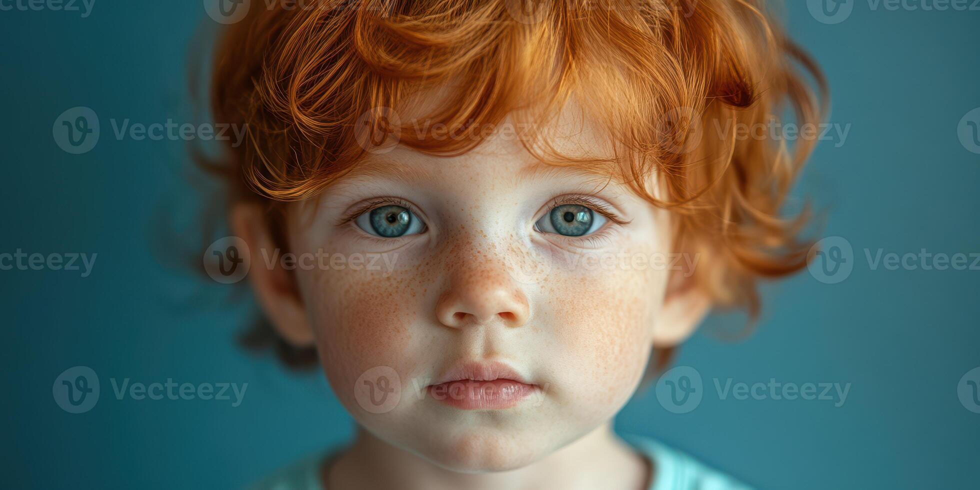 Young child with curly red hair and bright blue eyes poses against a blue background indoors photo