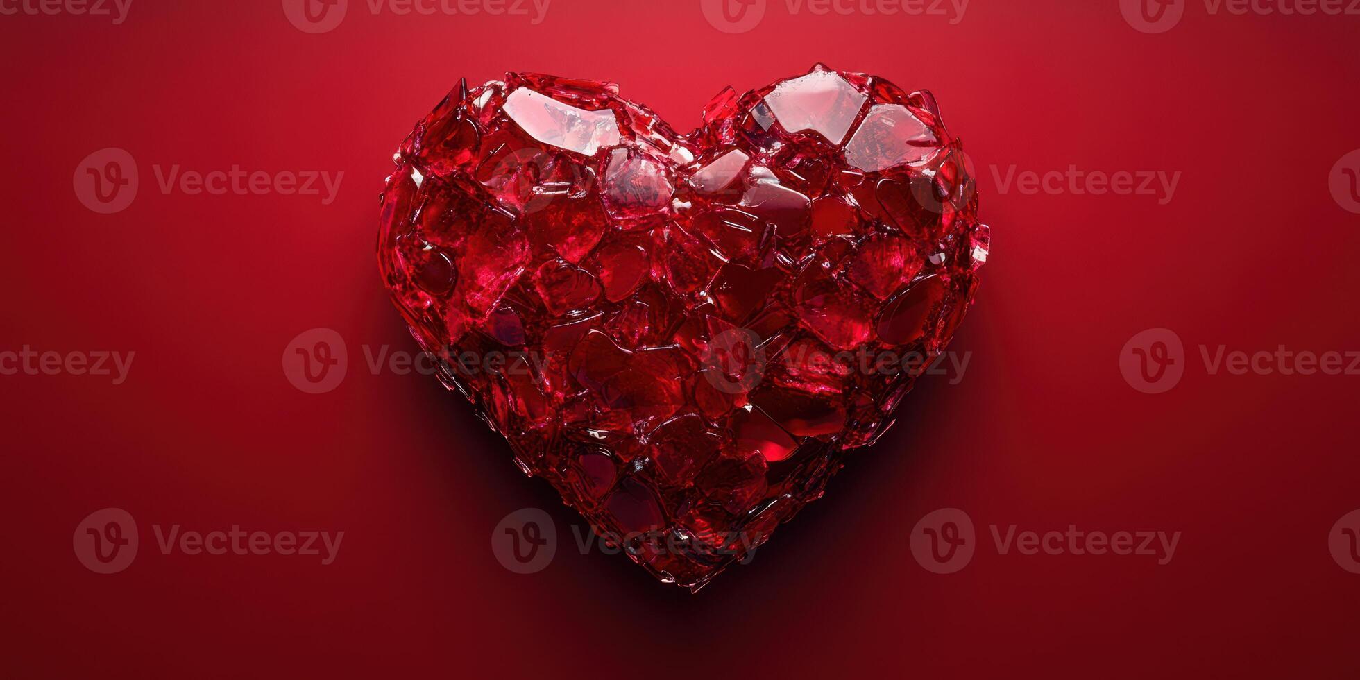 Unique red crystal heart shaped decoration on a rich red background for romantic themes photo