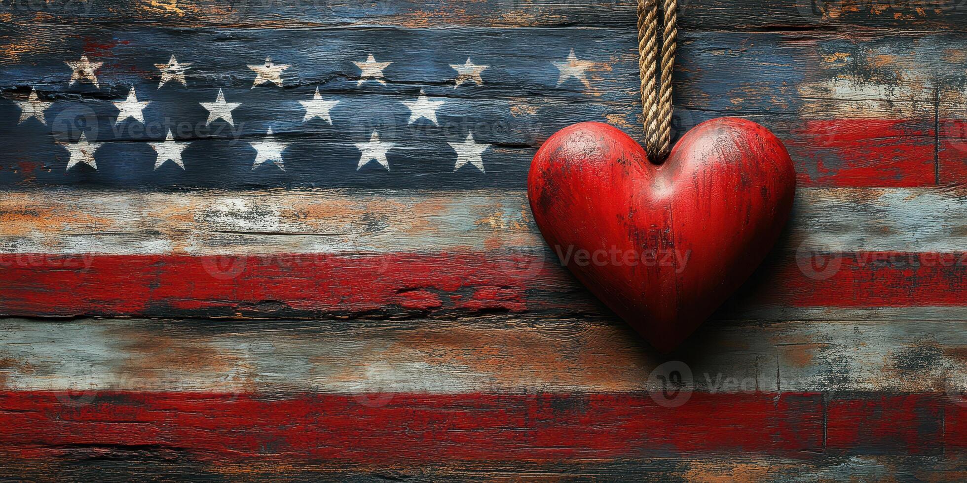 Rustic wooden background with a red heart symbol against a vintage American flag design photo