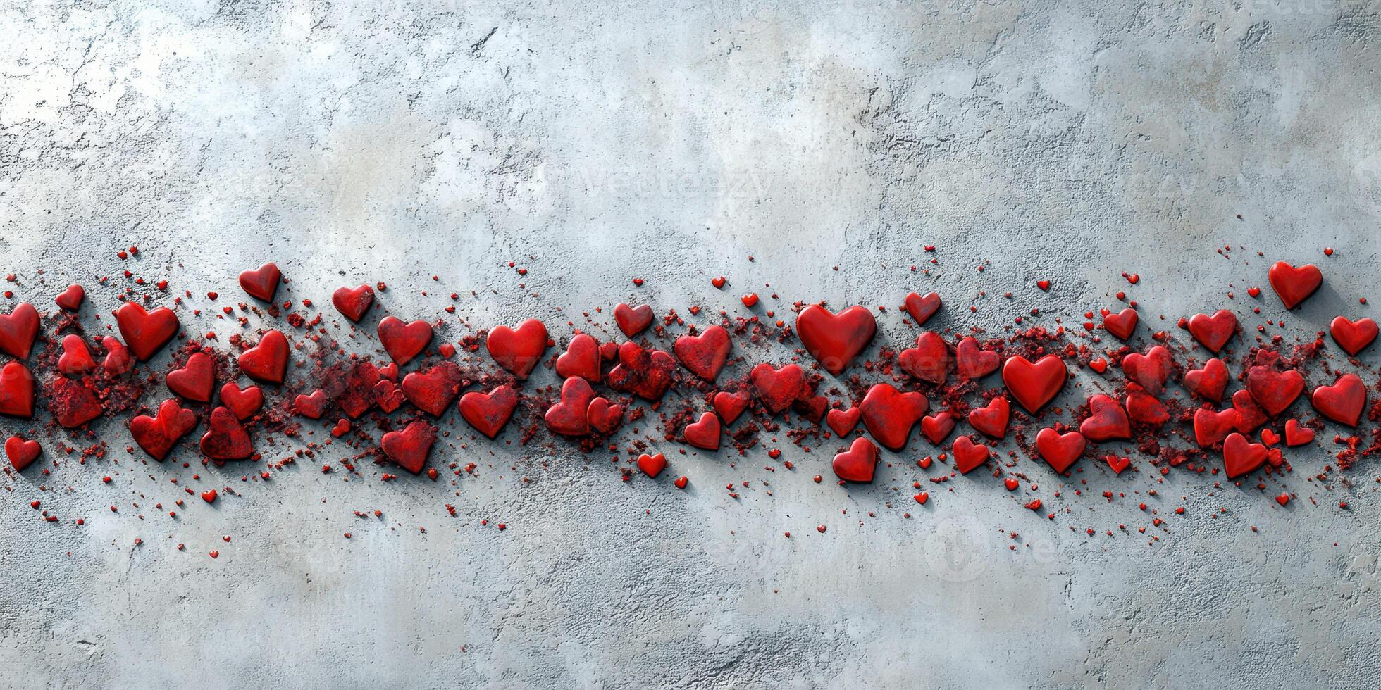 Red hearts scattered along a textured surface, creating an artistic display of love and emotion during an abstract celebration photo