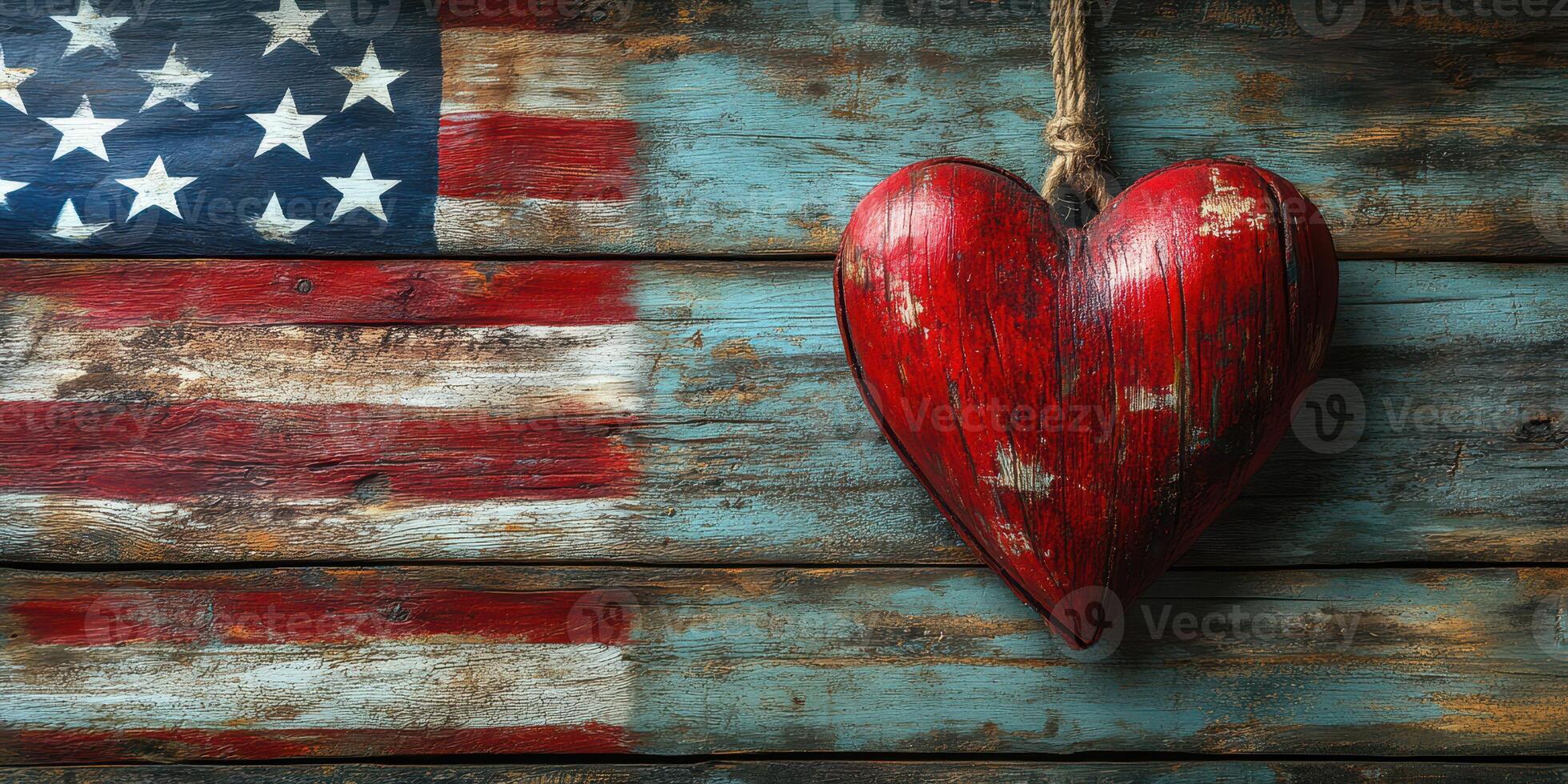 Rustic wooden background featuring a red heart and an American flag design representing patriotism and love for the country photo