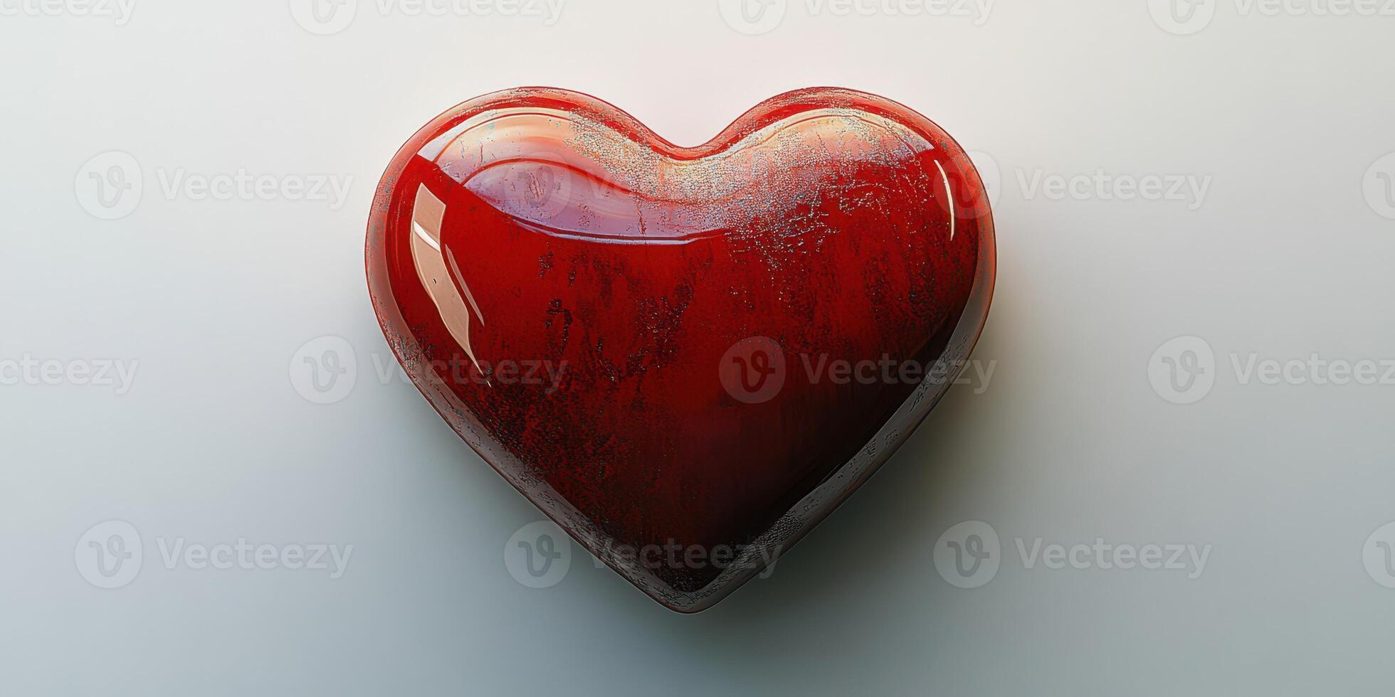 Red heart sculpture with a shiny surface and a weathered texture sits on a neutral background photo
