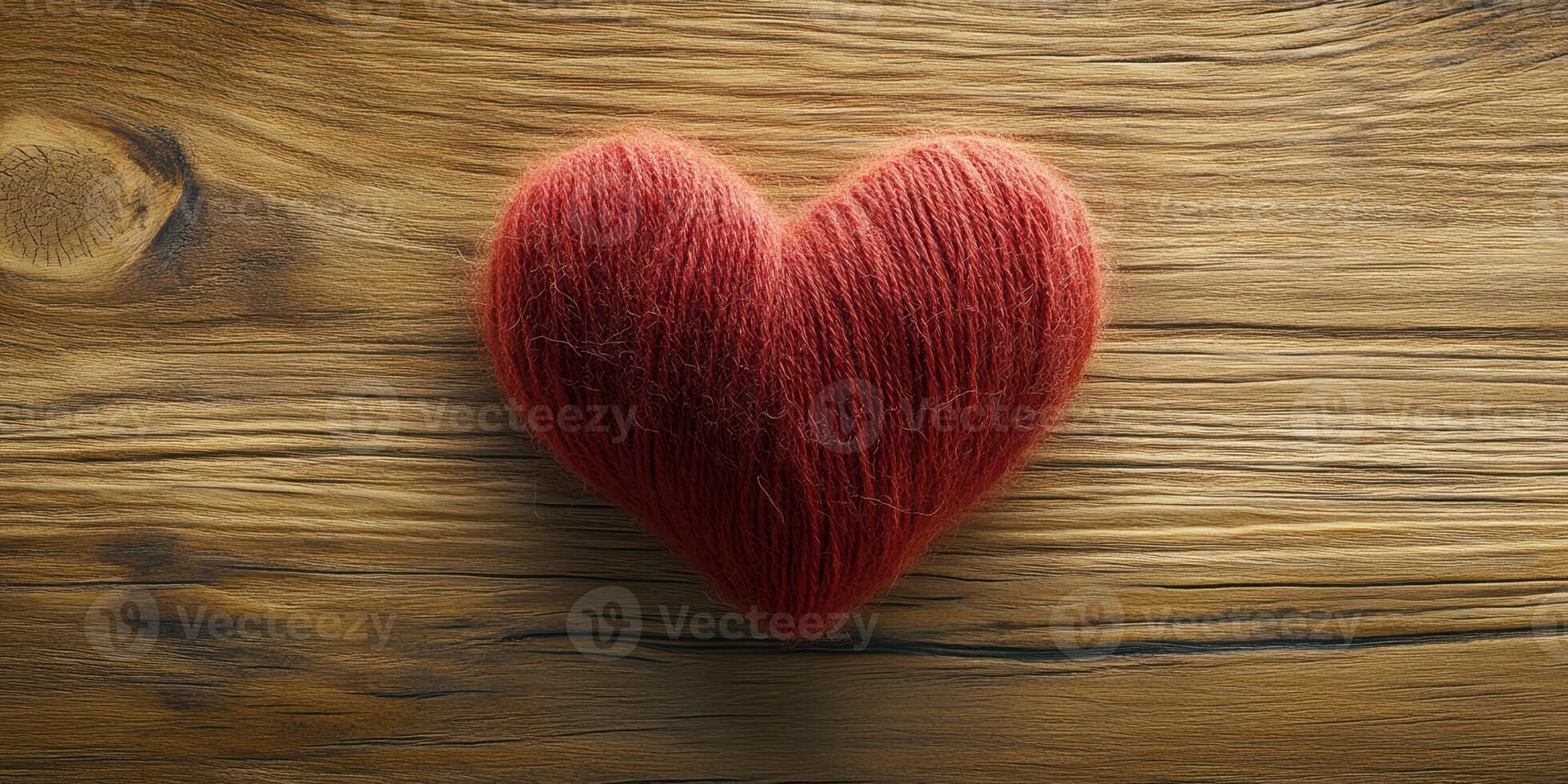 Crafted heart shape made of red yarn placed on a rustic wooden surface photo