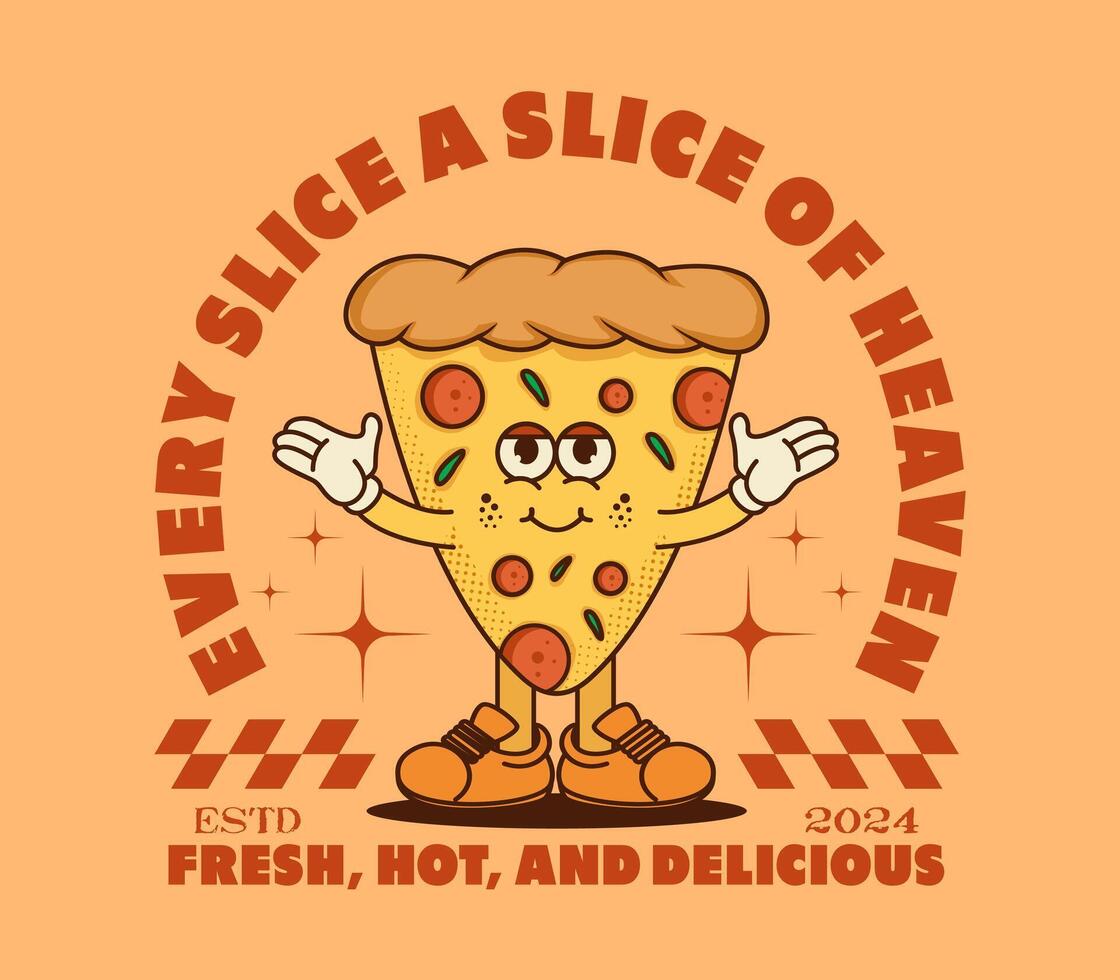 Vintage pizza slice cartoon character, hand drawn in a retro style for restaurant branding, menu designs, posters, T shirt designs, stickers, and apparel vector
