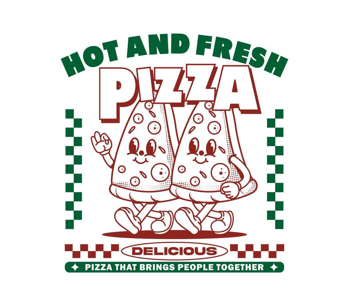 Hot and fresh pizza cartoon character design in a fun and playful illustration. Perfect for T-shirts, merchandise, stickers, posters, and more vector