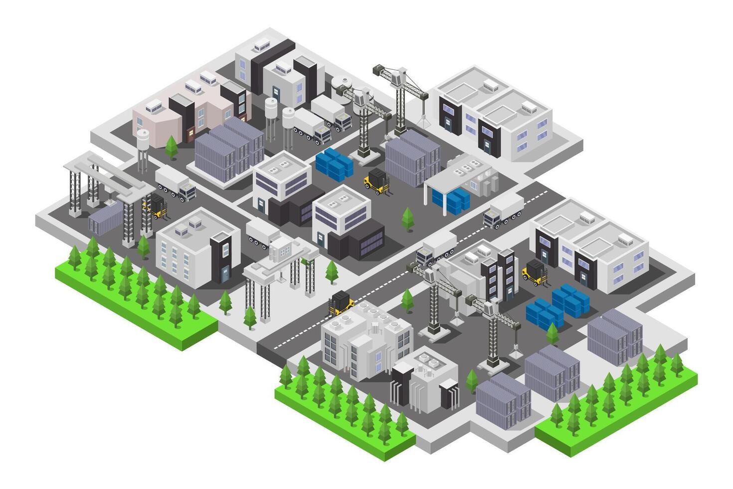 Isometric industrial city with industrial buildings and trees vector