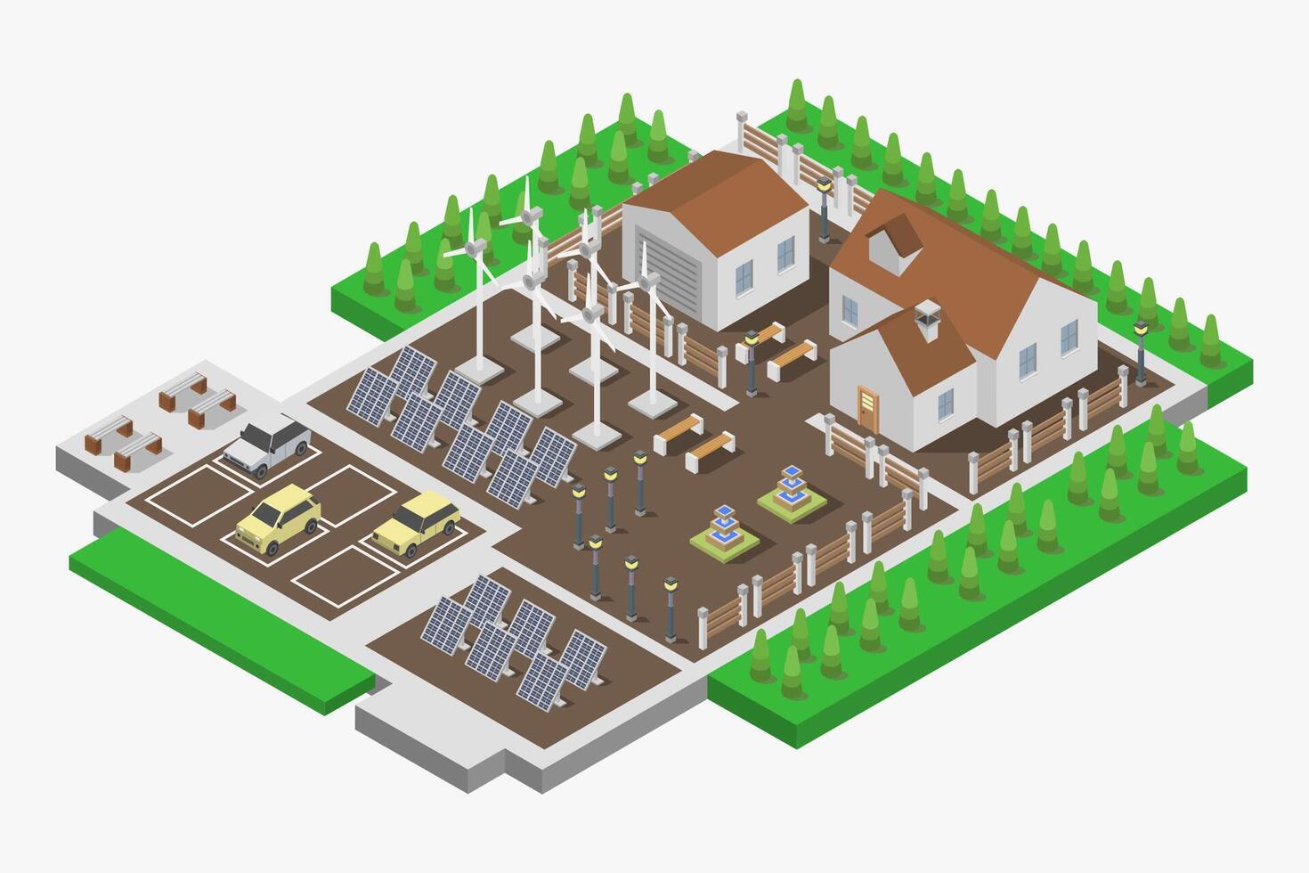 An illustration of a house with solar panels and a wind turbine vector
