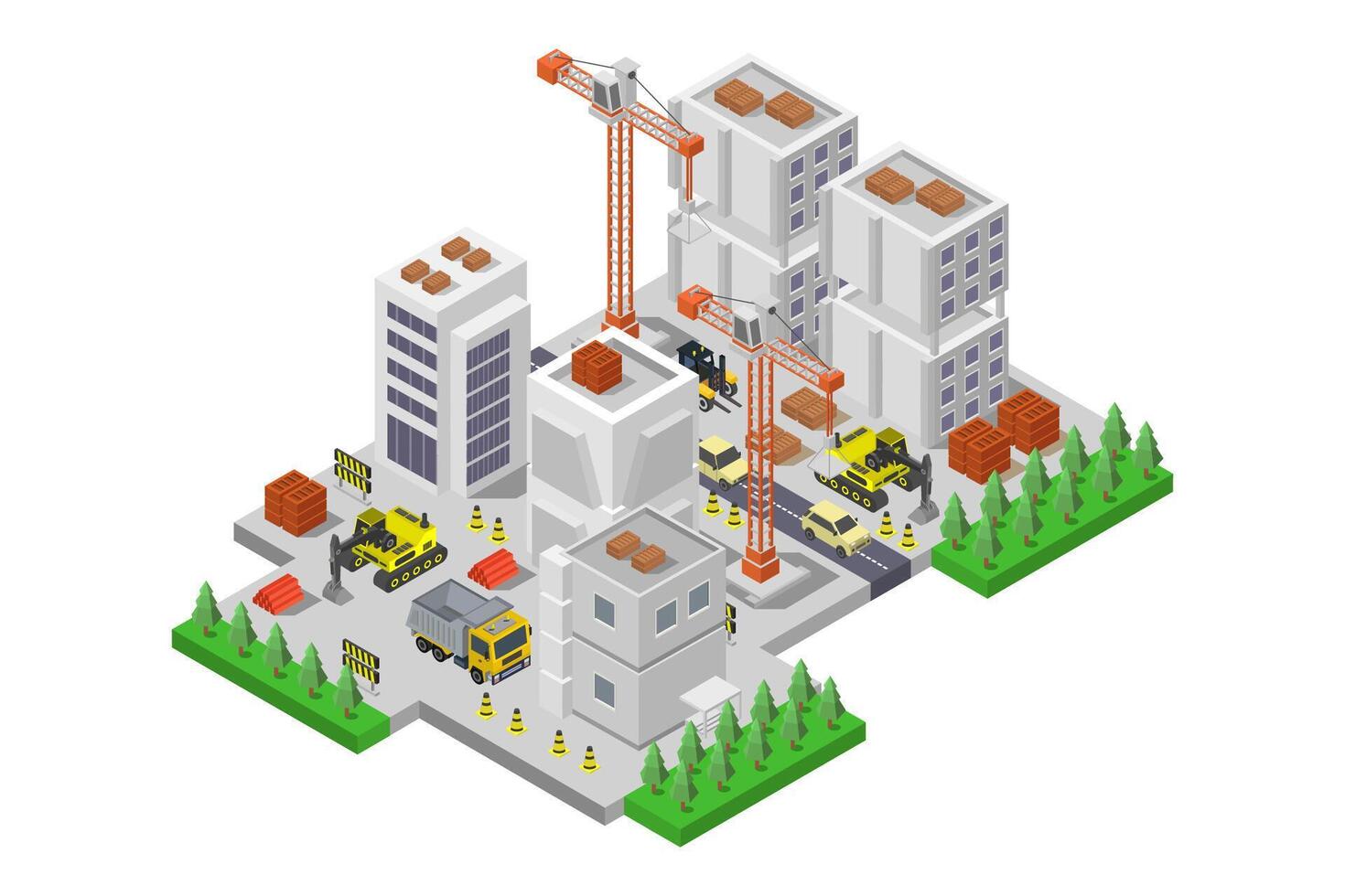 Construction site with crane and construction equipment vector