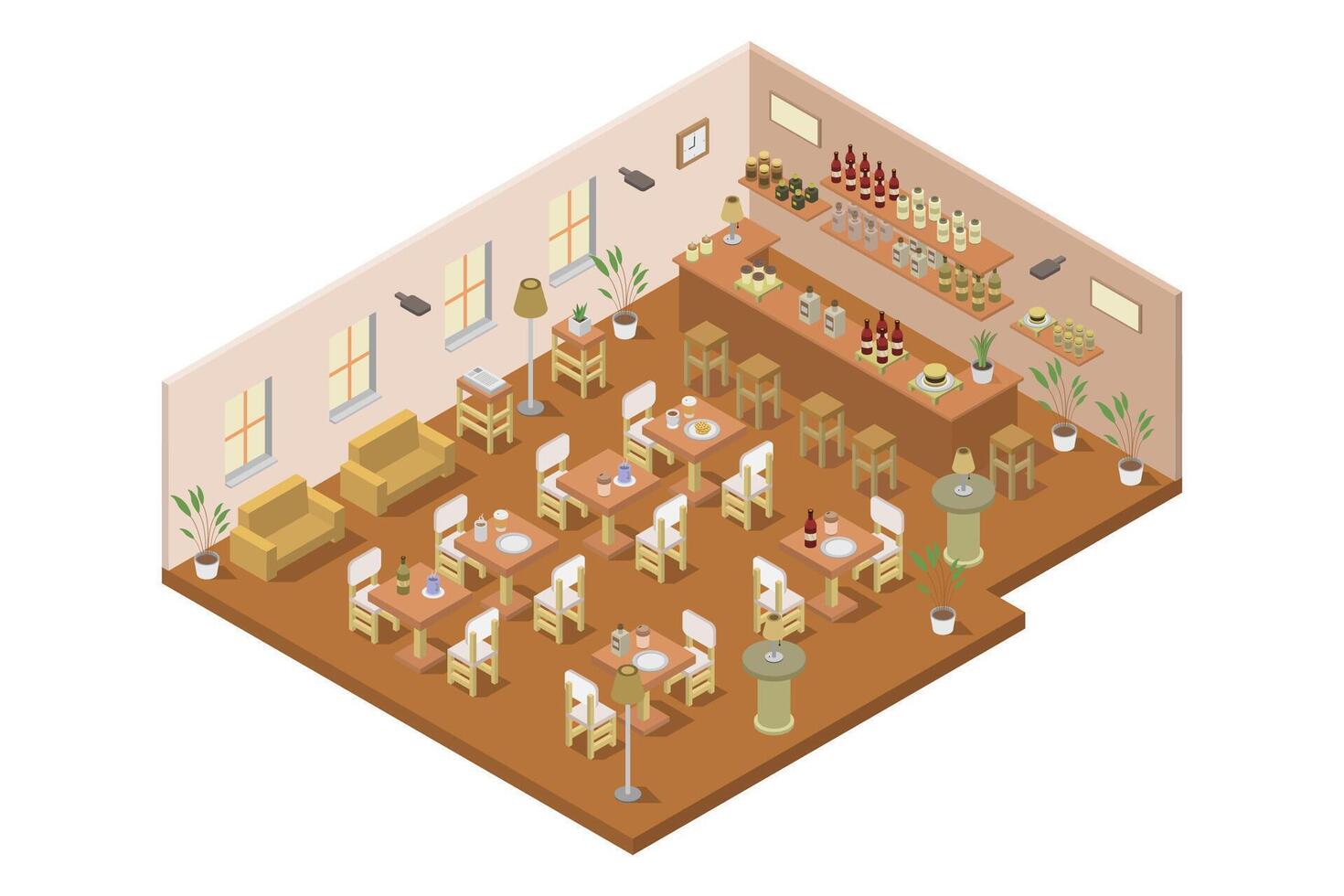 Isometric interior of a restaurant with tables and chairs vector