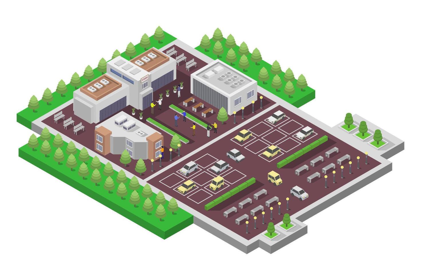 Isometric parking lot with trees and buildings vector