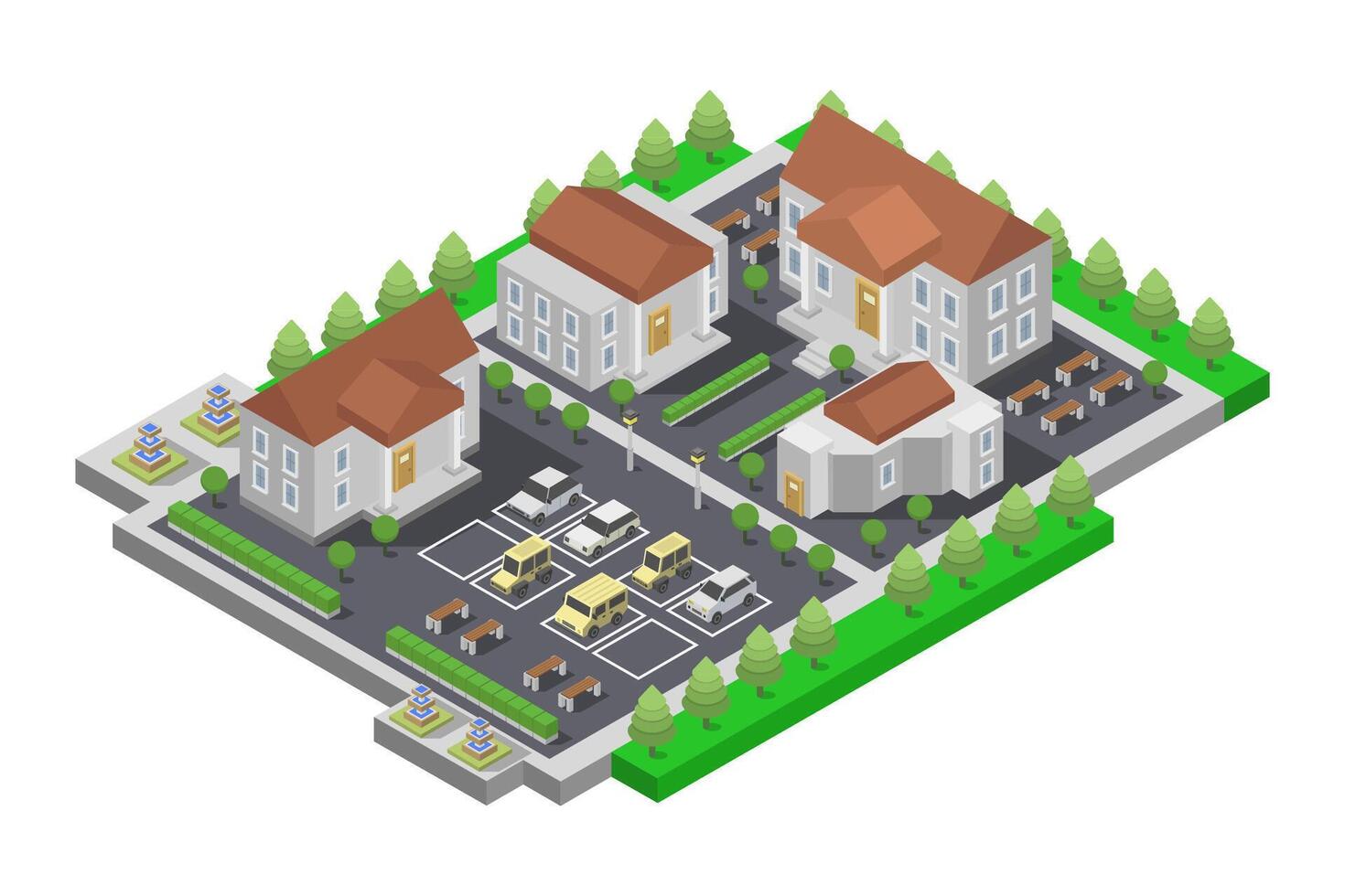 Isometric city with parking lot and trees vector